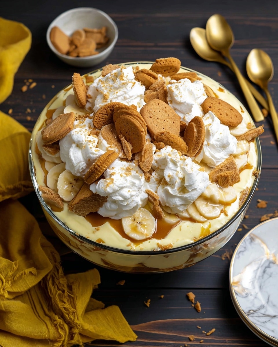 In a large clear glass bowl, there is a layered dessert with a base layer of creamy pale yellow custard, topped with sliced bananas with a soft light yellow color. On top of the bananas, there are large dollops of white whipped cream and scattered broken pieces of light brown and tan cookies. The dessert is drizzled with a shiny golden caramel sauce, giving it a rich look. The bowl sits on a dark wooden surface with a white marbled texture digitally applied, surrounded by a yellow cloth napkin and gold spoons nearby. Photo taken with an iphone --ar 4:5 --v 7