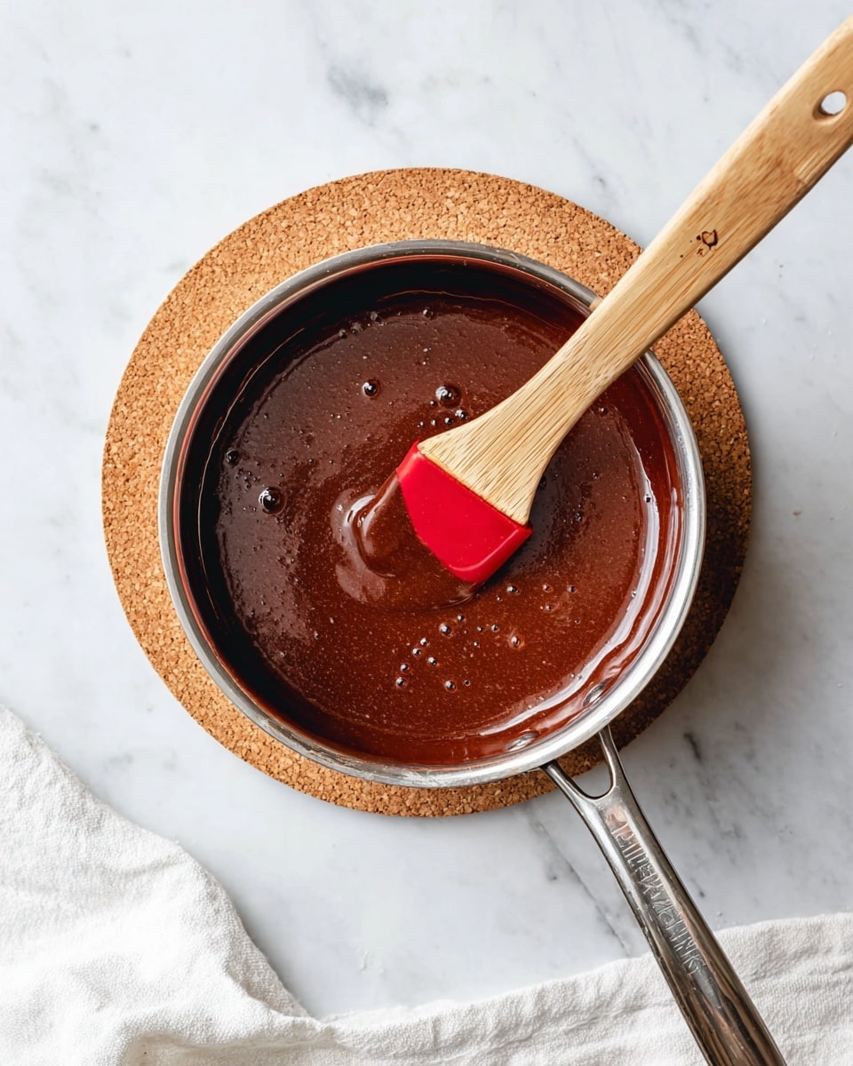 A small silver saucepan filled with smooth, dark brown chocolate sauce with some bubbles on the surface. Inside the saucepan is a wooden spatula with a red silicone head, partially resting in the sauce. The saucepan sits on a round cork coaster placed on a white marbled surface, and a white cloth is partially visible near the bottom edge of the image. Photo taken with an iphone --ar 4:5 --v 7