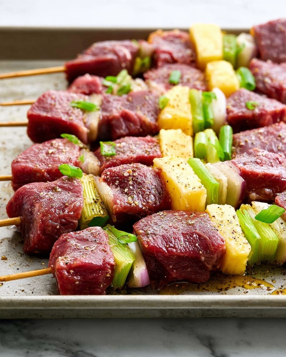 The image shows several raw skewers placed closely together on a baking tray. Each skewer has three thick chunks of red meat with a slightly marbled texture. Between the meat pieces, there are slices of pale yellow pineapple and small sections of green onion with a vibrant green color. The ingredients are sprinkled lightly with black pepper and some seasoning that glistens on the surface. The tray underneath is gray and has a slightly oily texture. The background is a white marbled texture. photo taken with an iphone --ar 4:5 --v 7