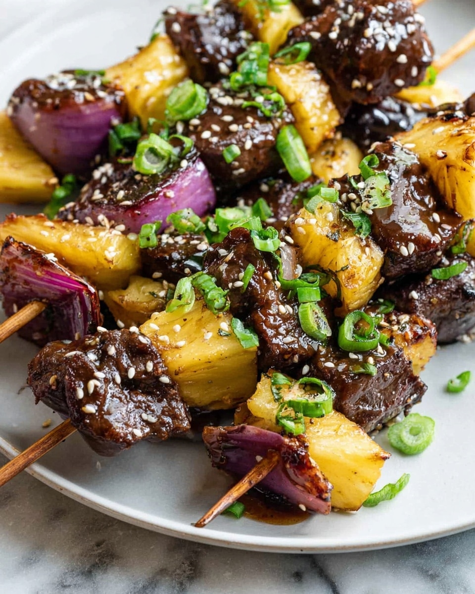 The image shows three wooden skewers placed on a white plate with a white marbled background. Each skewer has three layers of thick, grilled dark brown meat pieces separated by bright yellow chunks of grilled pineapple and pieces of purple onion. The meat looks shiny with a dark glaze sauce on top, sprinkled with white sesame seeds. Fresh, chopped green herbs and thin slices of green onion are scattered over the skewers, adding a fresh contrast in color. The scene is close-up, highlighting the texture and juicy look of the ingredients. Photo taken with an iphone --ar 4:5 --v 7