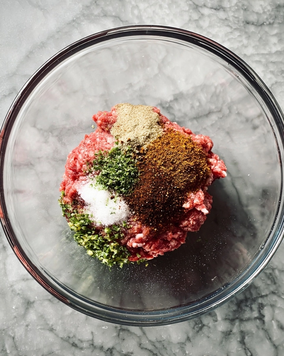 A clear glass bowl on a white marbled surface holds a mound of raw ground meat in the center. On top of the meat, there are three visible piles of seasoning and finely chopped green herbs placed in different sections: white powder, light brown powder, and dark brown textured spice. The overall look is layered with the pinkish-red meat bottom, topped by the spice powders and green herb bits scattered on one side. photo taken with an iphone --ar 4:5 --v 7