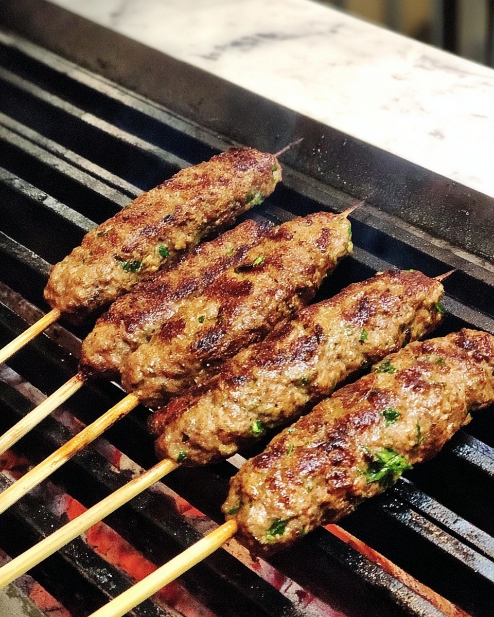 Four long kebabs on wooden sticks are being grilled over black metal grill bars. Each kebab is browned with grill marks and specks of green herbs visible in the meat. The texture looks moist and slightly bumpy. The background is a white marbled surface. photo taken with an iphone --ar 4:5 --v 7