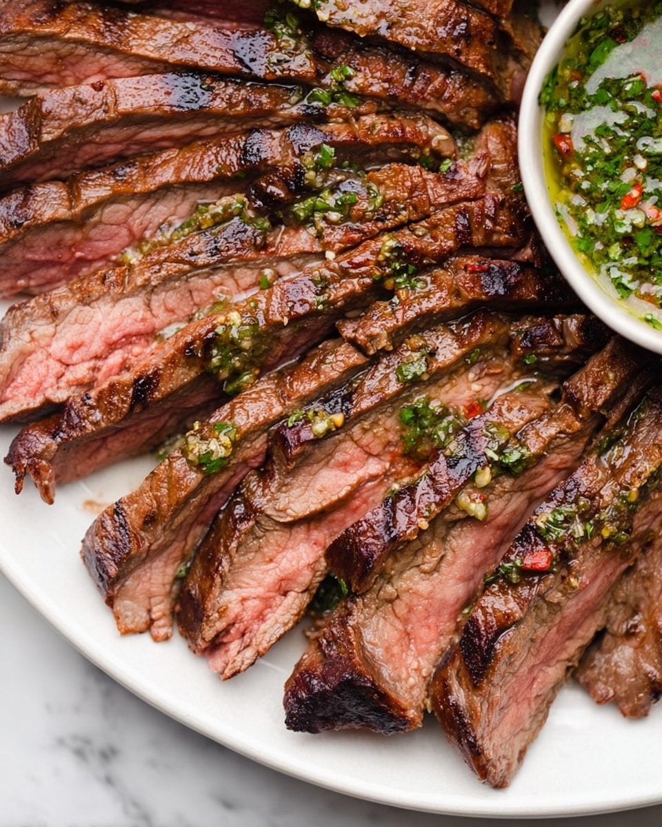 The image shows several layers of sliced grilled steak arranged neatly on a white plate, each slice with a browned, slightly charred outer edge and a pink, tender inside. The steak slices have a juicy texture with visible grill marks and some seasoning specks. On the right side of the plate, there is a small portion of green sauce with red and white bits partially visible. The background is a white marbled surface. photo taken with an iphone --ar 4:5 --v 7