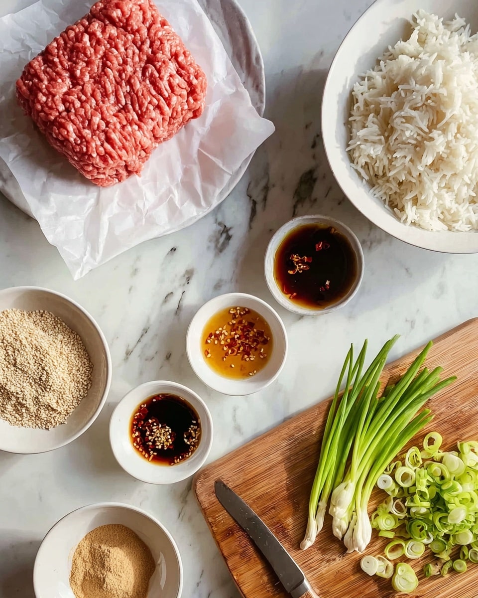 The image shows a top view of ingredients placed on a white marbled surface, ready for cooking. On the left side, there is a white plate with a block of raw ground meat resting on white parchment paper. To the upper right, a bowl holds white cooked rice with fluffy texture. Around the center, small white bowls contain sauces with dark brown and amber colors, sesame seeds, and red chili flakes. At the bottom left, a white bowl has a light brown powdery spice. A wooden cutting board at the bottom center holds a pile of freshly sliced green onions and a small knife with a wooden handle lying next to the onions. The overall layout is neat, with natural soft lighting enhancing the different colors and textures of the ingredients. Photo taken with an iphone --ar 4:5 --v 7