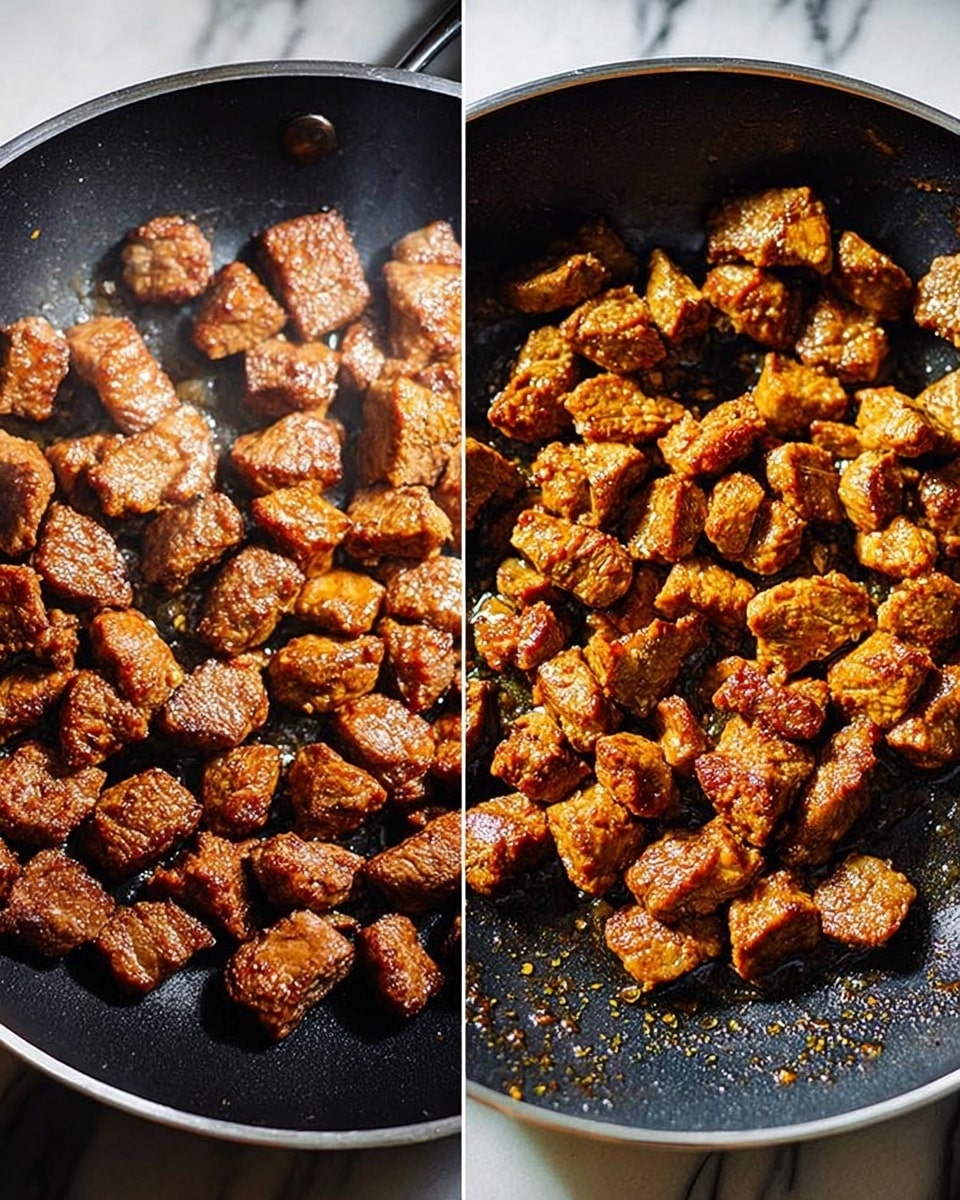 The image shows a close-up of a pan filled with many small pieces of cooked meat, browned and slightly shiny from cooking oil. The meat pieces are uneven in shape, showing a crispy outer texture, and are spread evenly across the pan, which has a black surface with small droplets of oil around. In the background, there is a white marbled surface visible, with soft natural lighting highlighting the rich, golden-brown color of the meat. The photo has a warm and appetizing look, capturing the meat's texture and color in detail. photo taken with an iphone --ar 4:5 --v 7