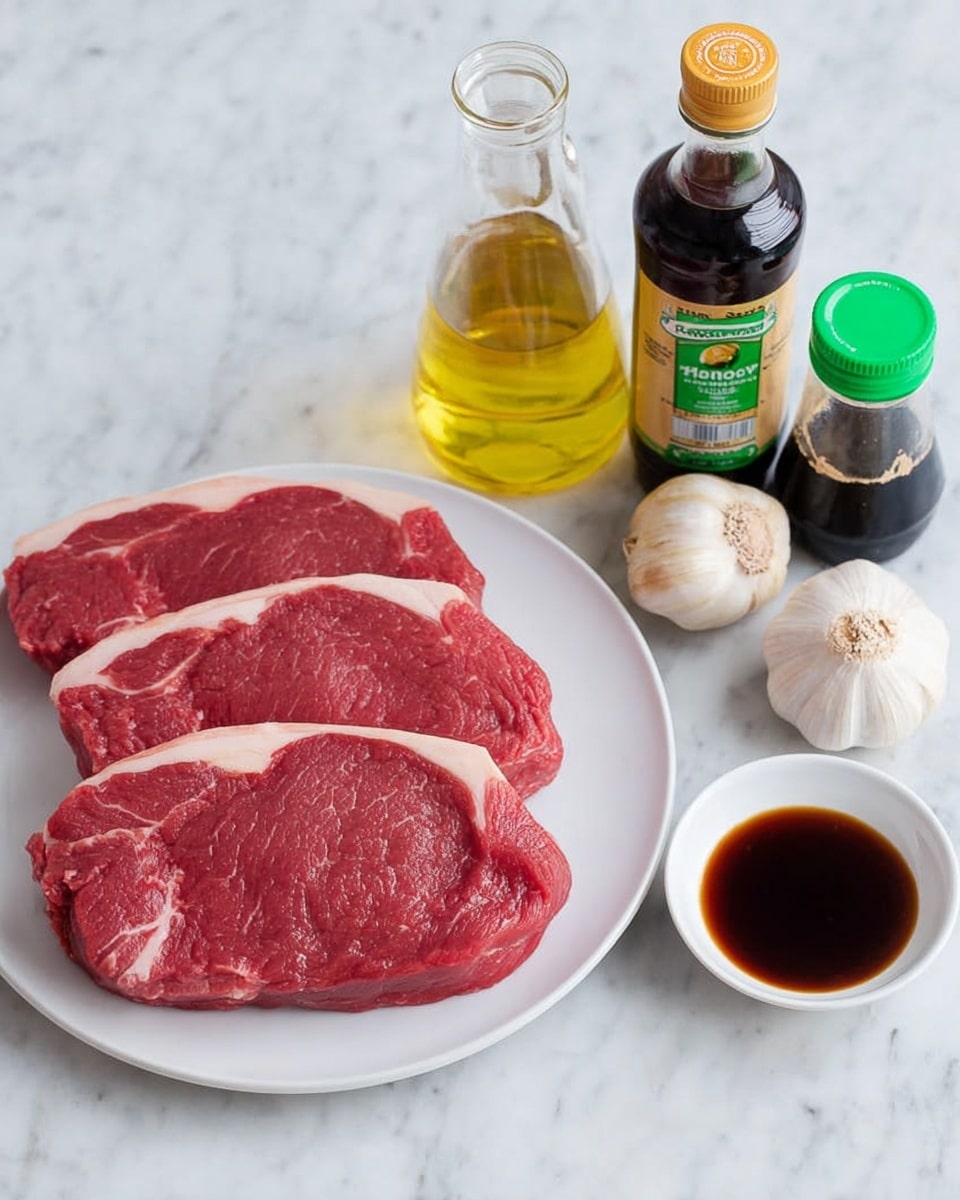 The image shows three raw red steak cuts with white fat edges placed on a white plate. Next to the plate on a white marbled surface, there are three whole garlic cloves, a glass bottle with light yellow oil, a small plastic bottle of honey with a green label, and a bottle of dark soy sauce with a green cap. The background is a white marble texture. photo taken with an iphone --ar 4:5 --v 7