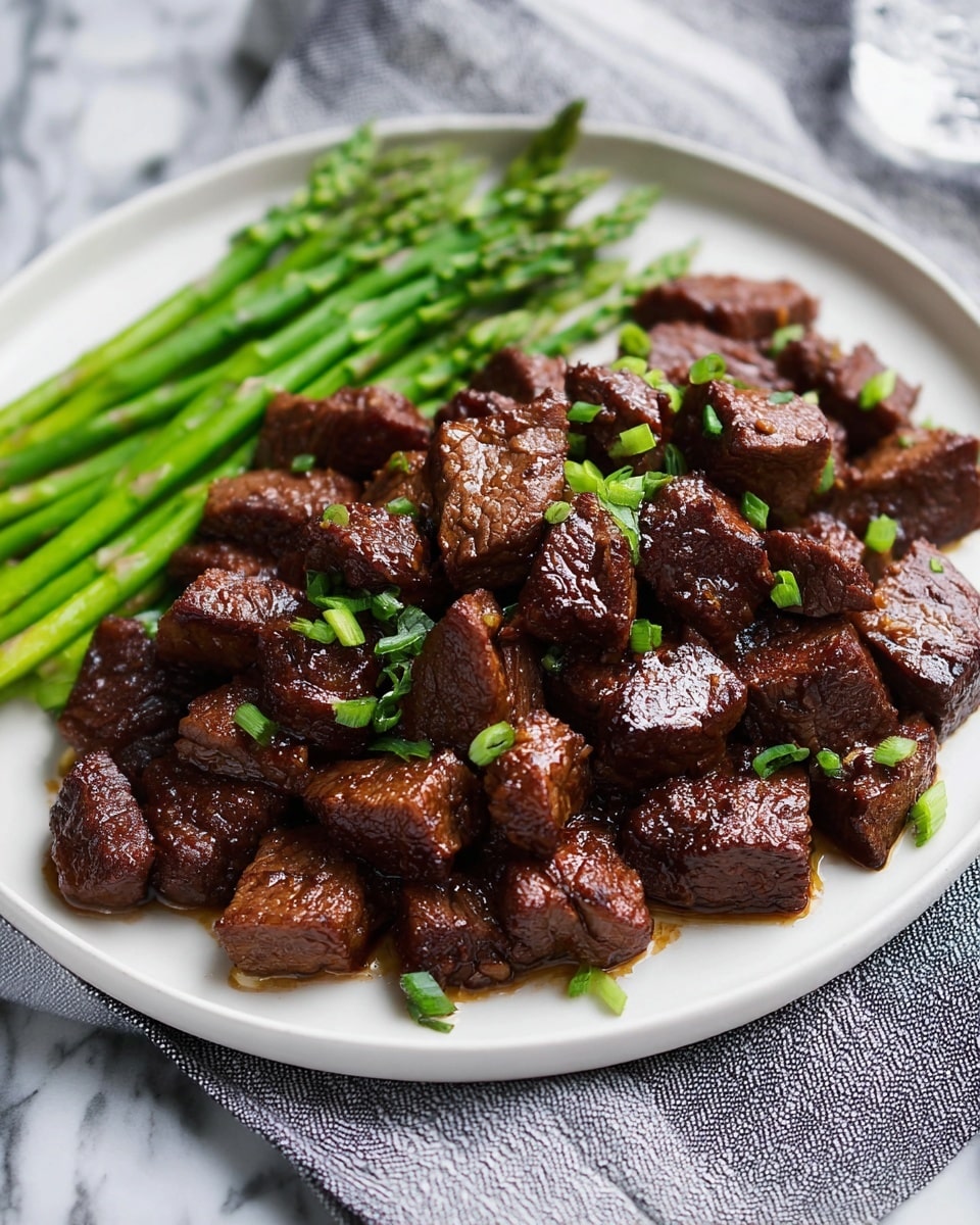 The dish shows a white plate on a white marbled surface with a mound of dark brown, glazed beef cubes piled in the center. The beef pieces have a shiny, slightly textured surface, and are sprinkled with small bright green chopped scallions. To the left side of the plate, there is a neat row of steamed bright green asparagus spears, smooth and glossy with a fresh look. The plate sits on top of a gray and white striped cloth. Photo taken with an iphone --ar 4:5 --v 7