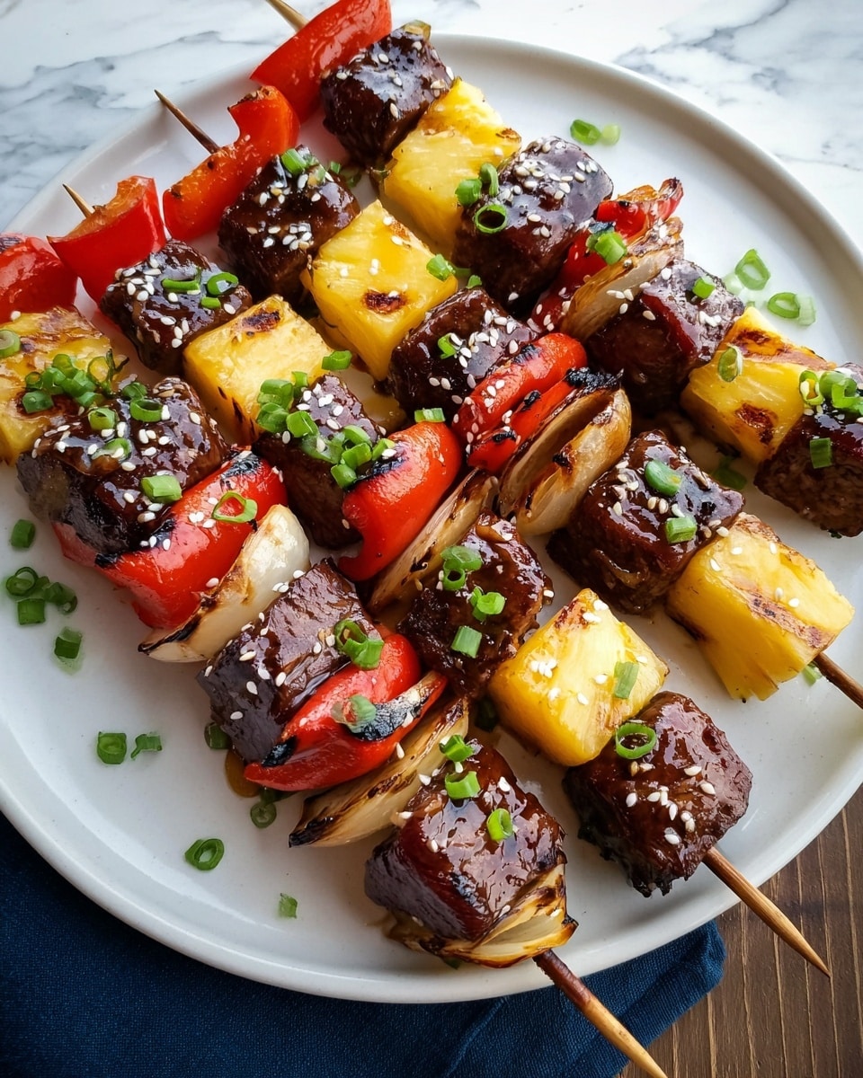 The image shows five grilled skewers on a white plate, each skewer with five main layers starting from the bottom with a slightly charred white onion piece, followed by a juicy dark brown grilled meat chunk with a shiny glaze. Above the meat is a bright red grilled bell pepper piece with slight charring, topped by a golden yellow grilled pineapple cube with grill marks. The top layer is another piece of the shiny dark brown grilled meat. The skewers are sprinkled with white sesame seeds and finely chopped green onions, creating a colorful and fresh look. The plate rests on a white marbled surface with a dark blue cloth partially showing at the bottom left corner. Photo taken with an iphone --ar 4:5 --v 7