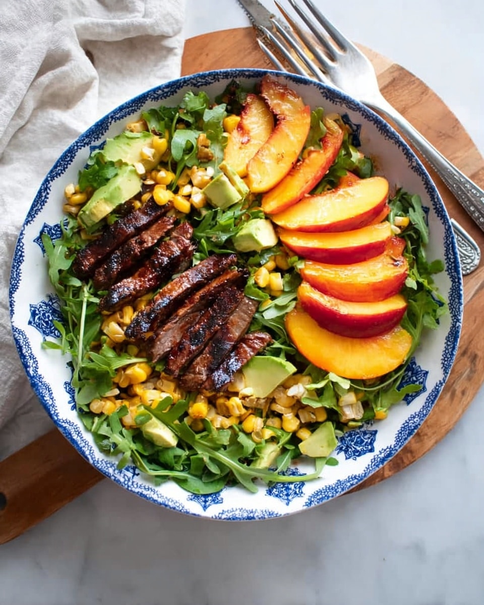 In a white bowl with a blue pattern on the rim, there is a fresh salad with three main layers. The bottom layer is bright green arugula leaves spread all over the bowl. On top of this, there are three strips of grilled dark brown meat placed in the center. Scattered around the meat are small yellow corn kernels and chunks of light green avocado. Around the edge inside the bowl, there are orange and yellow peach slices arranged in a row. Two silver forks rest on the right side of the bowl, and the bowl is placed on a white marbled surface with a wooden board partially visible underneath. Photo taken with an iphone --ar 4:5 --v 7