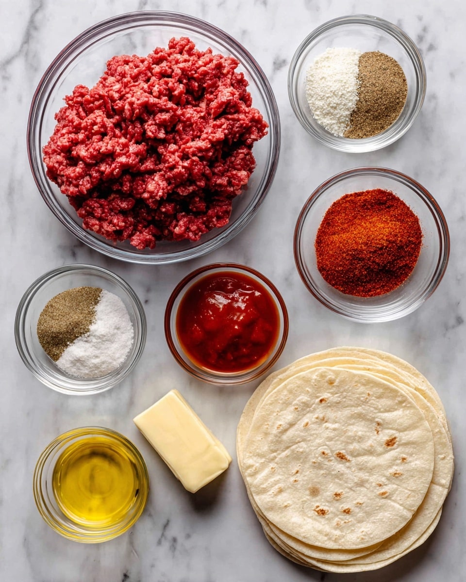 The image shows a top view of various ingredients placed on a white marbled surface. In the center is a clear glass bowl filled with raw, red ground beef. Surrounding it in small clear glass bowls are several powders and liquids: pepper and garlic powder mix, salt, brown cumin powder, bright red chili powder, red tomato sauce, and clear oil. At the bottom, there are six stacked light beige corn tortillas spread out so only parts of each show. A small piece of pale yellow butter is placed near the tortillas. Each ingredient is labeled with bold white text on a dark gray background. The arrangement is neat and evenly spaced. Photo taken with an iphone --ar 4:5 --v 7