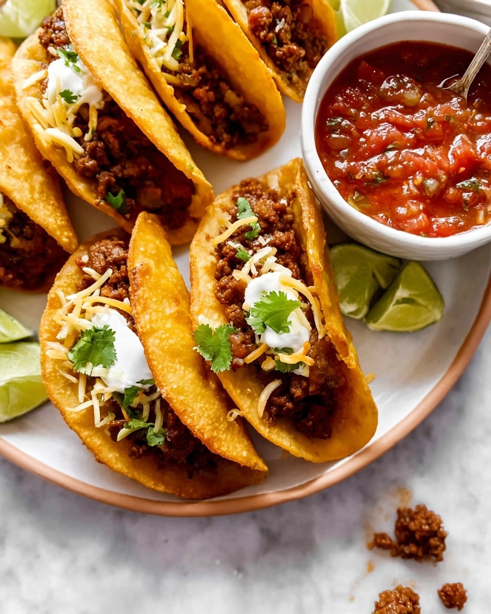 The image shows several small tacos arranged on a white plate with a light orange area, all set on a white marbled surface. Each taco has a crispy, golden-brown shell filled with a dark brown, crumbly meat layer at the bottom, topped with a small amount of shredded light yellow cheese, a dollop of white sauce, and some finely chopped white onions. Some green lime wedges are placed on the plate’s edge. To the right of the tacos is a white bowl filled with chunky red salsa garnished with fresh bright green cilantro leaves. A few small bits of the meat filling are scattered on the plate near the bowl. photo taken with an iphone --ar 4:5 --v 7