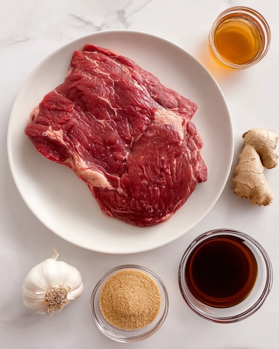 A large raw piece of red meat with light fat marbling sits in the center of a white plate. Around the plate, on a white marbled surface, are five small ingredients: a whole bulb of garlic with white skin, a piece of ginger root with pale yellow flesh, a small glass bowl with light brown sugar, a larger glass bowl filled with a dark brown liquid, and a smaller glass cup containing an amber-colored liquid. The arrangement is neat and simple, showing all elements clearly. Photo taken with an iphone --ar 4:5 --v 7