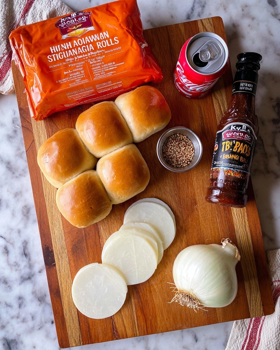 The image shows a wooden cutting board on a white marbled surface with several items neatly arranged on it. In the top left corner, there is a bright orange package of King's Hawaiian Original Hawaiian Sweet Rolls, showing six soft, golden brown rolls inside. Near the top right, there is a small silver cup filled with small brown seeds or spices next to a clear bottle of Hey Grill Hey Texas Style BBQ sauce, which has a black cap and colorful text on the label. On the bottom left of the board, four round slices of pale white cheese are stacked slightly overlapping. In the bottom right corner, there is a whole white onion with its papery skin intact and some root strands visible. A closed red soda can with a silver top is placed near the center of the board. The scene is well lit, with natural light highlighting the textures and colors evenly. photo taken with an iphone --ar 4:5 --v 7