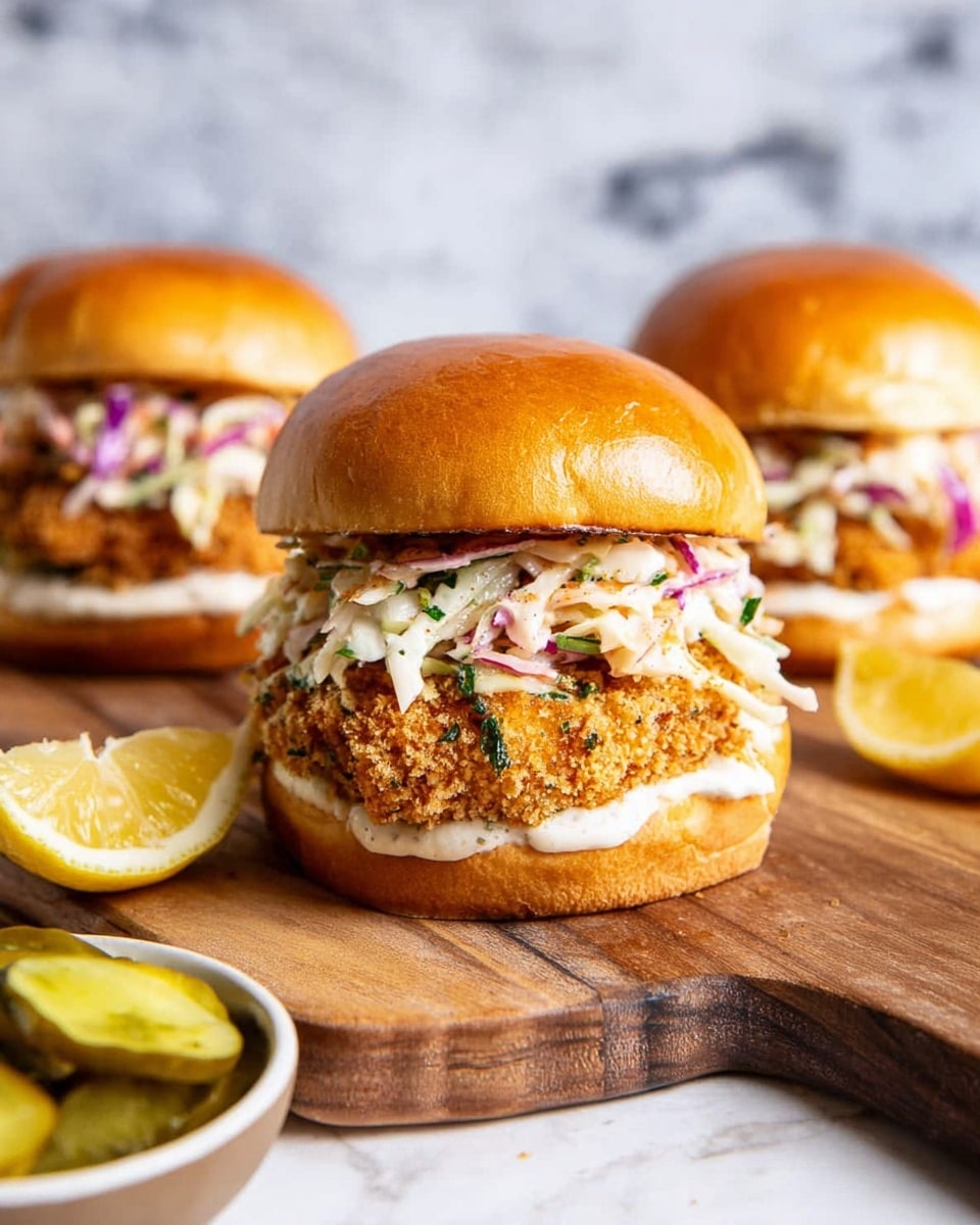 This image shows three sandwiches on a wooden board. Each sandwich has a shiny, golden-brown soft bun on top and bottom. Inside each bun, there is a crispy, golden fried patty with some green herbs visible in the crust. On top of the patty is a layer of coleslaw with shredded white, purple, and orange cabbage. Below the patty, a layer of white sauce is spread evenly. One sandwich is in focus in the front, while the other two are slightly blurry in the background. A lemon wedge sits in front of the nearest sandwich, and on the left, there are some sliced pickles in a small bowl and on the board. The background is a white marbled texture. Photo taken with an iphone --ar 4:5 --v 7