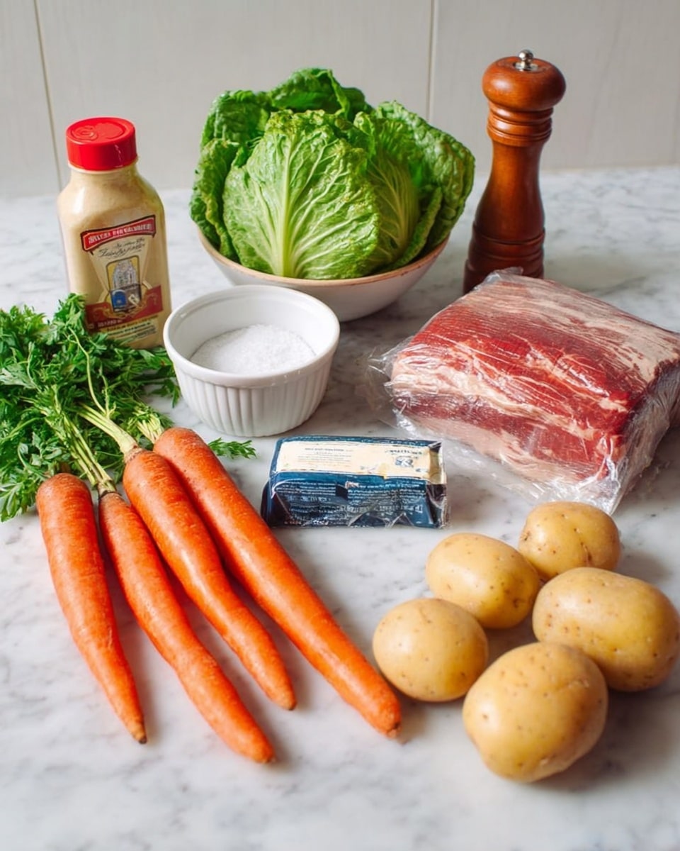 The image shows various fresh ingredients arranged neatly on a white marbled surface. There are five bright orange carrots with smooth textures near the front left, accompanied by a small bunch of green leafy herbs. A head of leafy green lettuce with crisp, curved leaves is positioned in the center background. To the right, a large sealed red and white package of cooked beef brisket lies flat. In front of it, there is a small white marble bowl filled with coarse white salt, and next to it stands a tall wooden pepper grinder. Near the carrots, a small rectangular block of butter wrapped in white and blue paper rests. Finally, two clusters of small round yellow potatoes with smooth skin are arranged along the bottom center. Behind everything, a bottle of thick creamy mustard with a red cap is placed on the left. Photo taken with an iphone --ar 4:5 --v 7