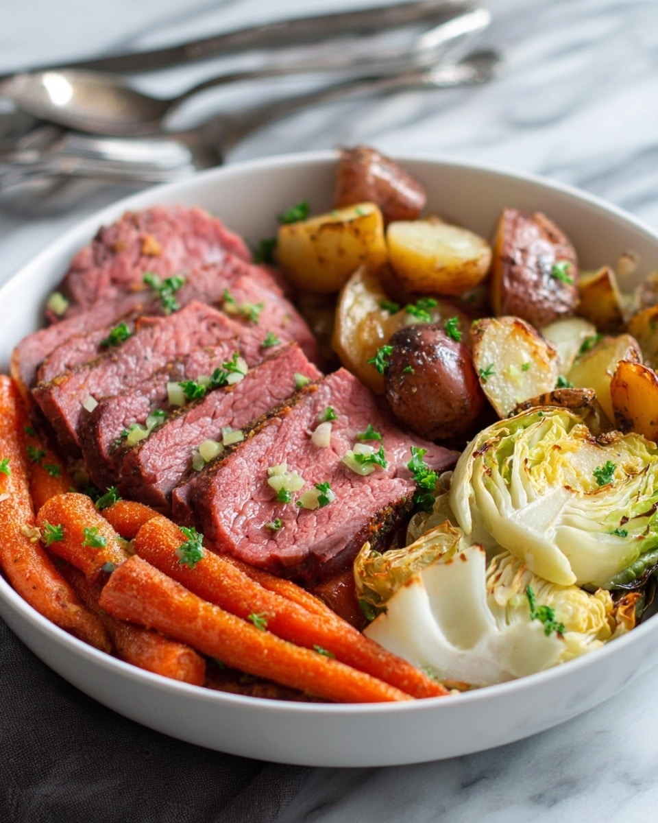 A white bowl filled with six thick slices of pink cooked meat on the left side, topped with small green herb pieces. Around the meat, there are roasted orange carrots scattered throughout the middle and right side. At the center and towards the back, there are browned roasted potato halves with a crispy texture. On the far right, there are pieces of grilled cabbage with browned edges and white leaves. The bowl sits on a white marbled textured surface with a silver fork and knife blurry in the background. Photo taken with an iphone --ar 4:5 --v 7