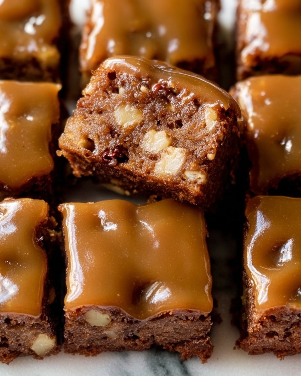 This image shows a close-up of square pieces of moist, brown cake with a shiny, smooth caramel glaze on top. The cake has a rough texture with small light-colored chunks inside, likely pieces of fruit or nuts. One square piece is pulled slightly out to show the inside, which is a darker brown with creamy white bits. The cake squares are placed closely together on a white marbled surface, and the glaze on each piece reflects light softly. Photo taken with an iphone --ar 4:5 --v 7