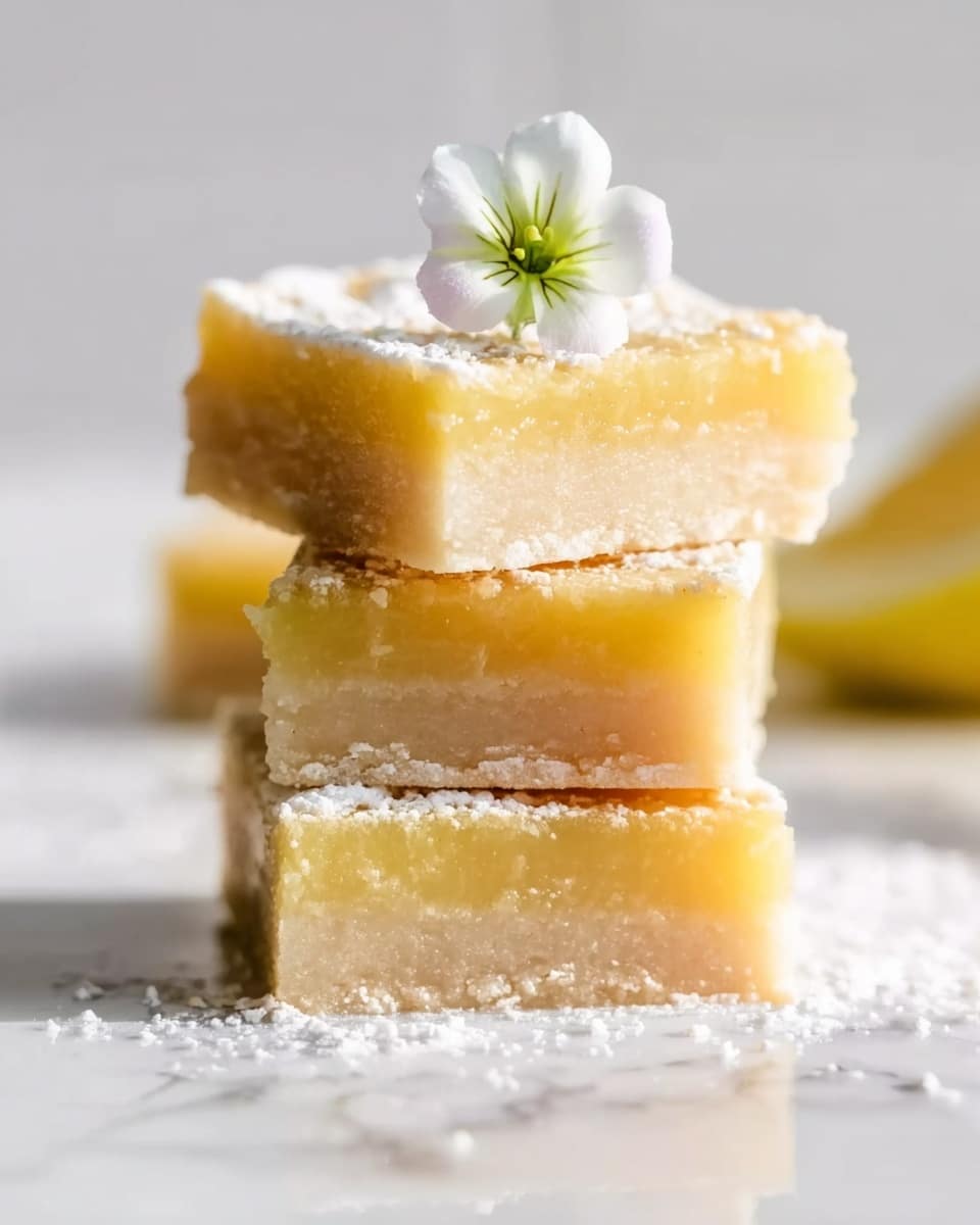 Three square lemon bars are stacked on top of each other, each with two layers: a pale yellow, smooth, slightly shiny top layer and a thicker, light beige, soft-textured bottom layer. A small white flower with a green center sits on the top bar. There is white powdered sugar sprinkled lightly over the bars and the white marbled surface beneath them. The background is bright and blurred with soft light. Photo taken with an iphone --ar 4:5 --v 7