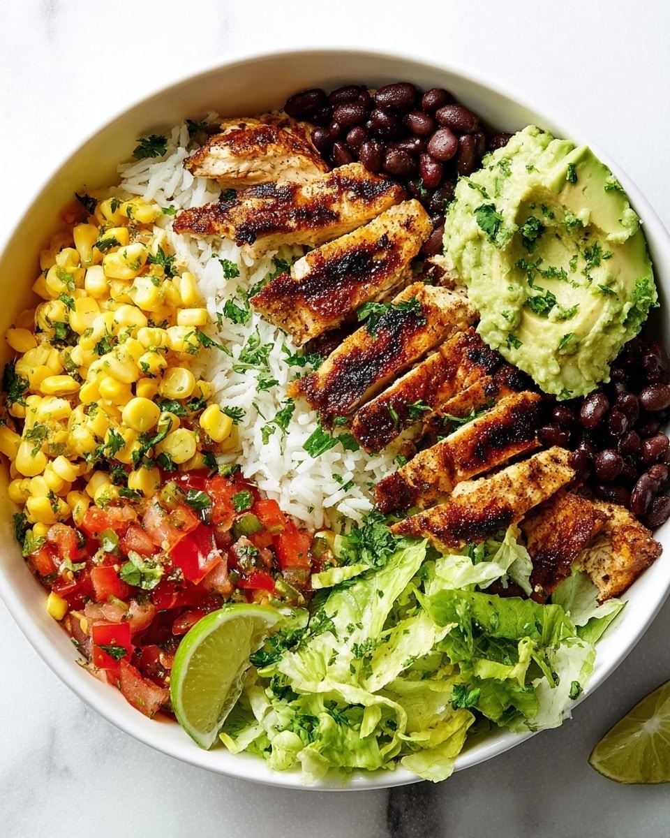 A white bowl filled with six layers arranged side by side: golden yellow grilled corn with green herb pieces, dark black beans, bright red diced tomatoes with herb bits, fluffy white rice sprinkled with green herbs, grilled brown chicken strips with a charred texture, and fresh green lettuce topped with creamy light green guacamole and slices of avocado. The dish has scattered green herb leaves for garnish, and a half lime is visible at the bowl’s edge on a white marbled surface, photo taken with an iphone --ar 4:5 --v 7