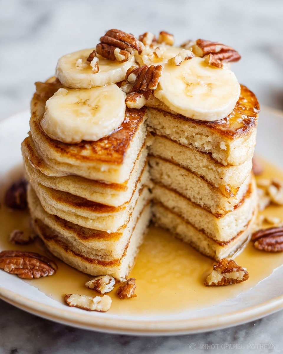 A tall stack of seven light golden brown pancakes sits on a white plate placed on a white marbled surface. On top of the pancakes are three thick, round slices of banana and small pieces of chopped pecans scattered over them. The syrup pools slightly around the base of the stack and glistens, adding a glossy shine to the pancakes and nuts. A large wedge is missing from the stack, showing the soft, fluffy texture inside each pancake. Photo taken with an iphone --ar 4:5 --v 7