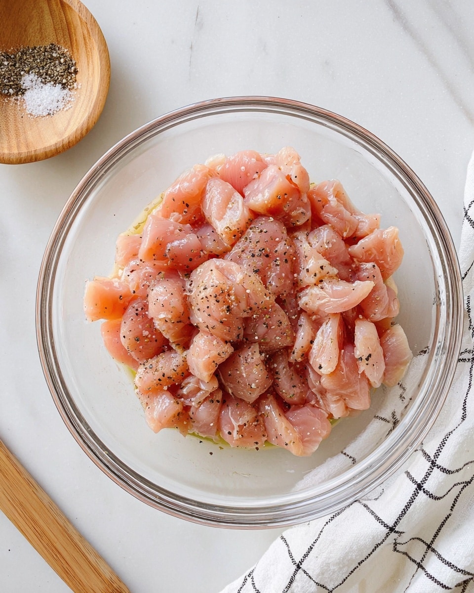 A clear glass bowl filled with many small pieces of raw pink chicken mixed with black pepper and a light coating of oil, sitting on a white marbled surface. Next to the bowl on the left is a small wooden dish with salt and pepper, and on the right is a white cloth with black grid lines. The background is softly lit, highlighting the textures of the chicken and bowl. photo taken with an iphone --ar 4:5 --v 7