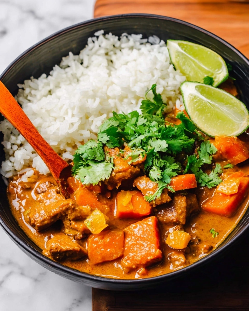 A dark bowl on a white marbled surface holds two main layers: on one side, white rice with soft, separate grains, and on the other, an orange curry with chunks of tender meat and pieces of orange vegetables covered in a thick sauce. Bright green cilantro leaves sit on top of the curry, and there are two lime slices on opposite sides of the bowl. A wooden spoon with an orange handle rests inside the bowl behind the rice. photo taken with an iphone --ar 4:5 --v 7