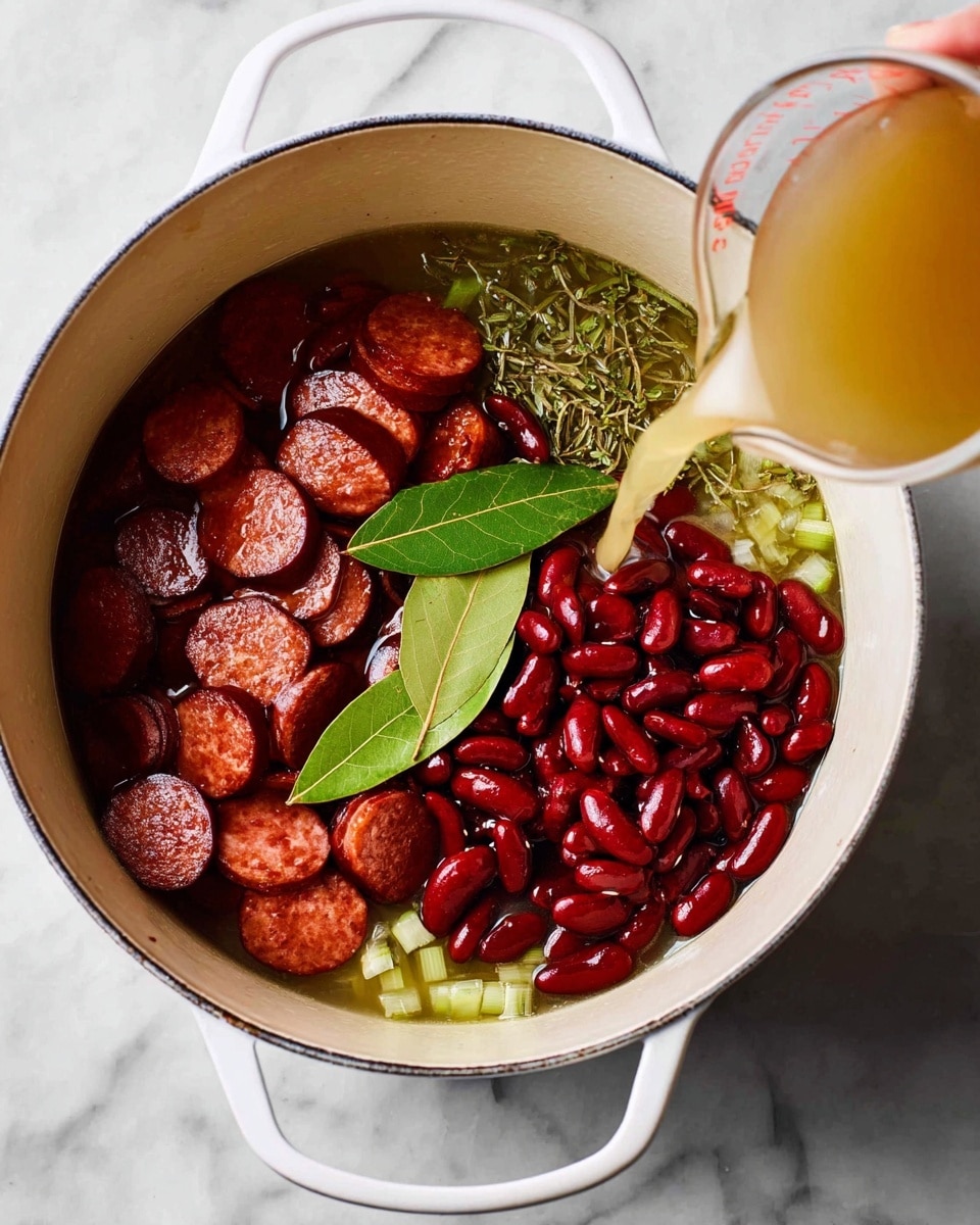 A white pot is shown from above, sitting on a white marbled surface, filled with ingredients for a soup or stew. On the left side of the pot, there is a layer of sliced cooked sausage that is dark reddish-brown and shiny with oil. On the right side, there is a layer of bright red kidney beans. Two green bay leaves rest on top of the beans near the middle of the pot. A woman's hand is pouring a light golden broth from a measuring cup on the right side into the pot, creating a small splash along the edge. The inside of the pot shows some small pieces of green vegetables and a thick liquid base beneath the main toppings. Photo taken with an iphone --ar 4:5 --v 7