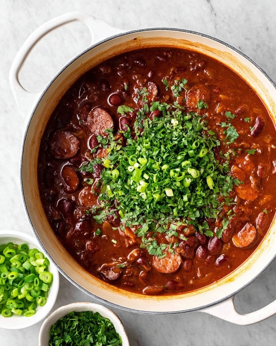 A large white pot filled with thick reddish-brown chili that has visible kidney beans and slices of dark brown sausage mixed inside. The chili is topped at the center with a generous pile of finely chopped fresh green herbs and chopped green onions. The pot sits on a white marbled surface, and there are two small white bowls nearby, one with more chopped green onions and the other with chopped fresh herbs. The image is bright and clear, showing the rich texture of the chili and the fresh garnish on top. Photo taken with an iphone --ar 4:5 --v 7