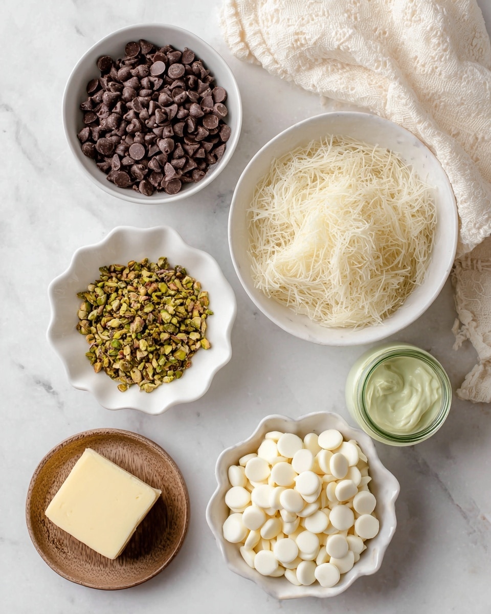 The image shows six ingredients arranged on a white marbled surface with a soft cream-colored cloth in the top right corner. On the top left, there is a white bowl filled with small, dark brown chocolate chips. To the right, a larger white bowl contains light beige, thin kataifi strands that look dry and delicate. Below the chocolate chips, a small white scalloped bowl holds crushed green pistachios with some brown bits. Towards the bottom left, there is a small brown wooden plate with a square piece of pale yellow butter. Next to it, a small green jar of pistachio cream is placed slightly tilted. On the bottom right, a white bowl is filled with white chocolate chips shaped like small drops. Each bowl or container is neatly presented, and the overall scene is bright and clean. photo taken with an iphone --ar 4:5 --v 7