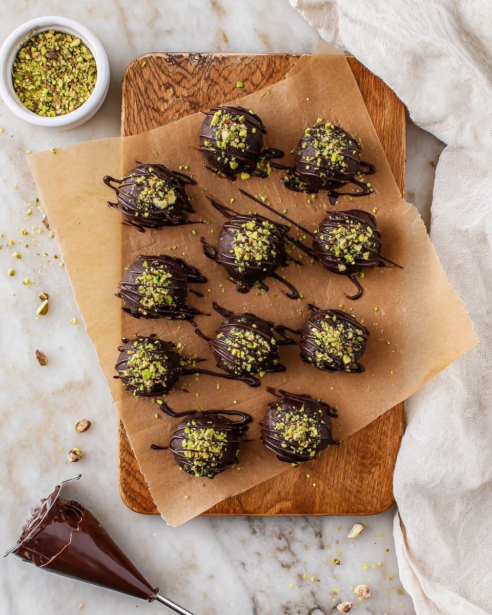 There are twelve round dark chocolate balls arranged in four rows on a piece of brown parchment paper that covers a wooden board. Each ball is topped with small green and light brown crushed pistachio pieces and has thin drizzles of dark chocolate running over and around it. To the left of the board, there is a small white bowl filled with more crushed pistachios. A brown piping bag with melted chocolate inside lies on the white marbled surface to the lower right of the board. A white cloth is loosely placed at the top right corner of the image. photo taken with an iphone --ar 4:5 --v 7
