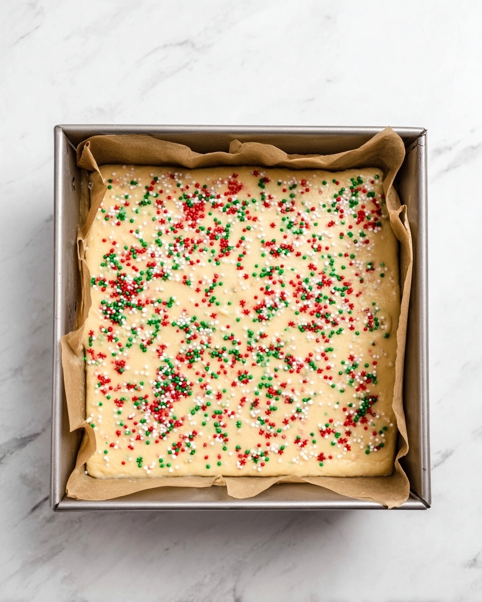 A square metal baking pan lined with brown parchment paper holds an unbaked batter layer that is smooth and light yellow in color, spread evenly to fill the pan. The top is decorated with small red, green, and white sprinkles scattered randomly across the surface, adding a festive touch. The pan sits on a white marbled surface, with soft natural light highlighting the textures and colors. photo taken with an iphone --ar 4:5 --v 7
