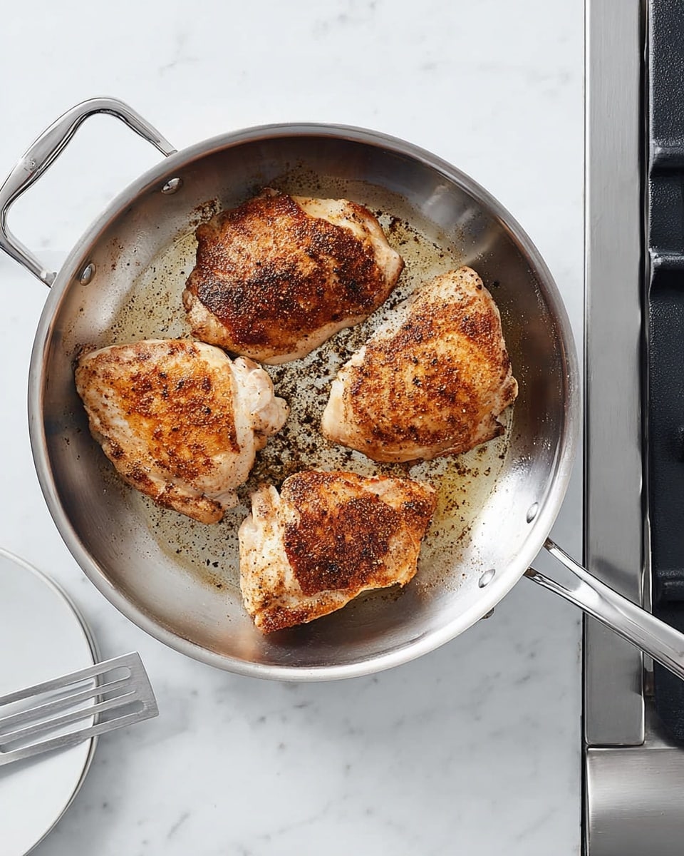 The image shows four pieces of cooked chicken with a brown, spiced surface, placed in a shiny metal pan with two handles. The chicken pieces have a light golden color with visible black and brown seasoning spots. The pan sits on a stainless steel stove top, all resting on a white marbled surface. The scene is bright and clean with a white plate and a small metal spatula visible on the side. Photo taken with an iphone --ar 4:5 --v 7