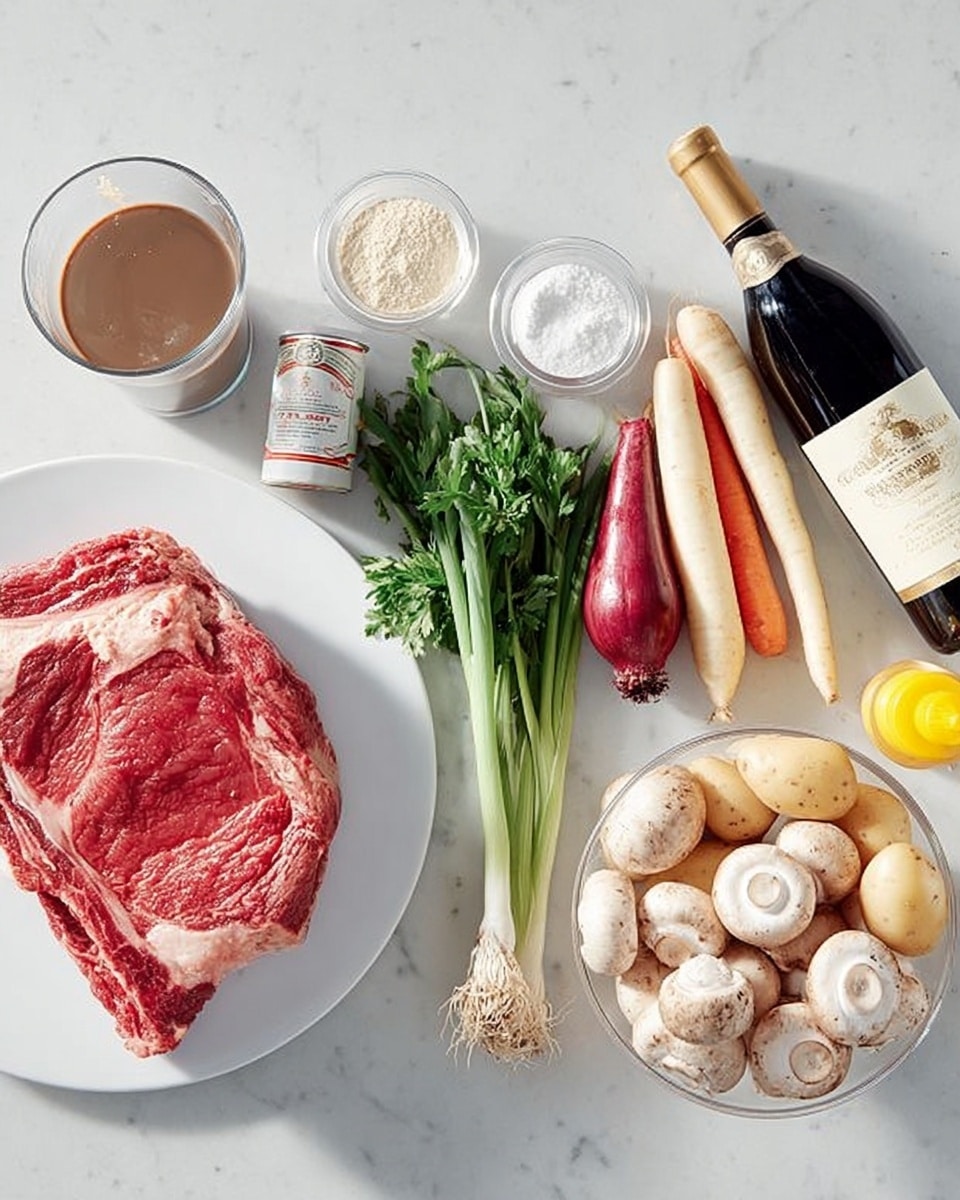 A white plate holds a large raw piece of red meat with white fat marbling on the left side of a white marbled surface. Above it, there is a clear plastic cup filled with brown liquid, a bottle of red wine with a beige label and gold foil on top, a small glass bowl with white powder, and a small can with a white and red label. To the right, a white plate holds fresh herbs with green leaves, two white and pale yellow root vegetables, two brown onions, two carrots (one orange and one purple), a bunch of green onions, and light brown round potatoes. On the far right, a clear glass bowl is full of white mushrooms with light brown spots. There is also a yellow bottle with a white nozzle on the upper right corner. The background surface is white marble. Photo taken with an iphone --ar 4:5 --v 7