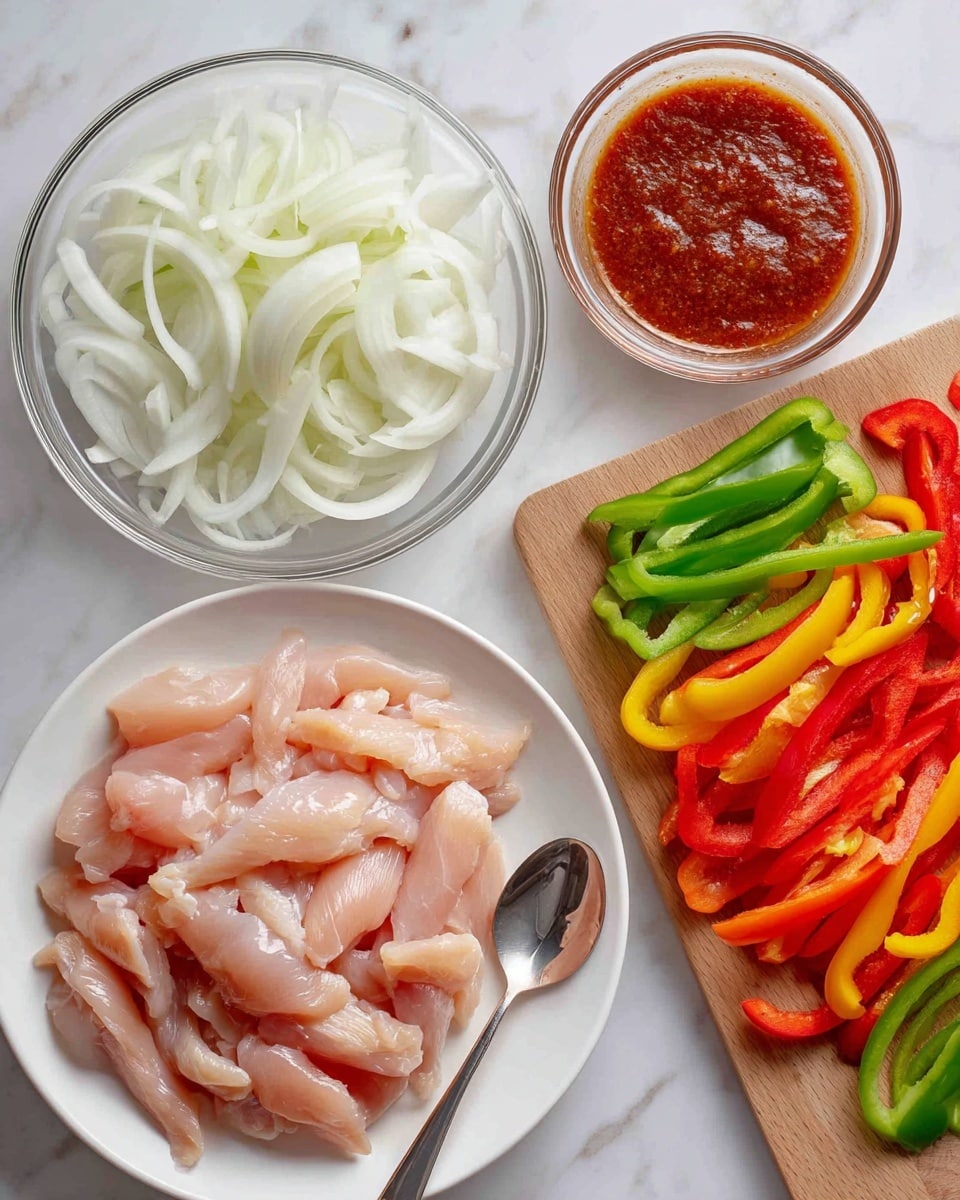 The image shows four groups of ingredients arranged neatly on a white marbled surface. In the center bottom, there is a white plate filled with raw chicken strips arranged in layers, with a shiny silver spoon resting on it. To the left, a clear glass bowl holds thinly sliced white onions in layers. Above the chicken, a small clear glass bowl contains a deep red-brown sauce with a smooth texture inside. On the right side, a wooden cutting board holds a mix of sliced colorful vegetables, including red, green, and yellow bell peppers, arranged side by side in neat layers. Photo taken with an iphone --ar 4:5 --v 7