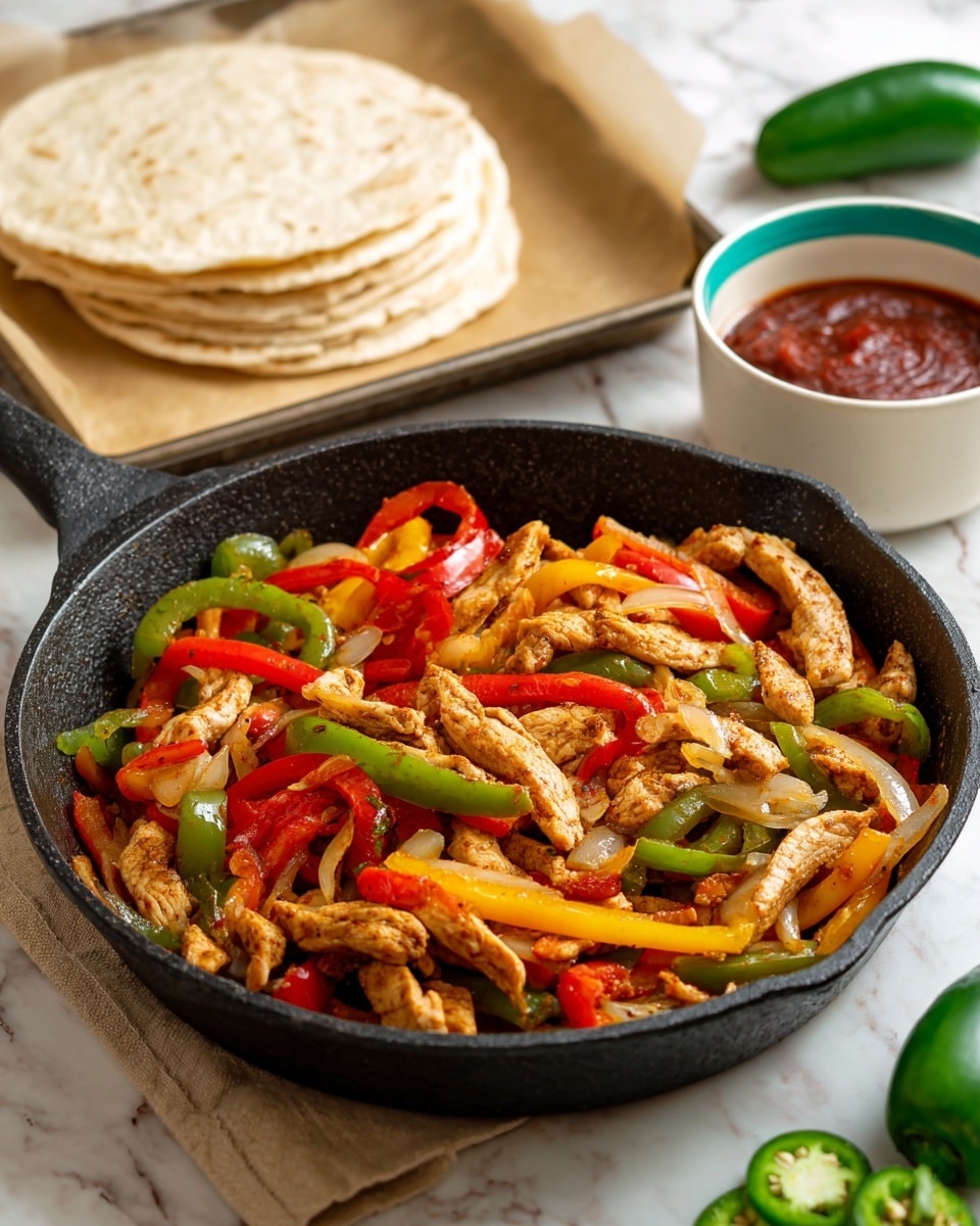 A black pan on a white marbled surface holds a colorful mix of cooked food with three main layers: brown cooked chicken strips, bright red, green, and yellow bell pepper slices, and soft translucent cooked onion slices, all mixed together. Behind the pan, a stack of light beige tortillas is arranged on a piece of brown parchment paper placed on a tray. To the right, a small white bowl with a teal rim holds a deep red sauce. In the background, a whole green bell pepper and some sliced green jalapeño peppers are visible near the bottom right corner. The photo taken with an iphone --ar 4:5 --v 7
