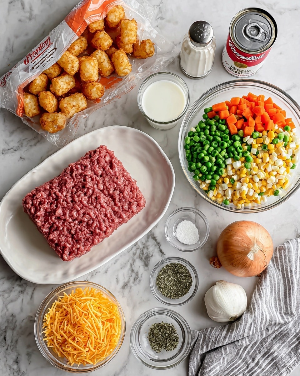 The image shows a top view of various ingredients placed separately on a white marbled surface, ready to make a dish. There is one large white oval plate with a square block of raw ground beef in the center. To the top right, a transparent glass bowl holds a colorful mix of diced green beans, peas, corn, and carrots. At the top left, a partially open orange and white bag reveals crispy tater tots, with a few loose ones beside the bag. Next to the vegetables, there is a small clear glass filled with milk. Below the milk is a red and white can of Campbell’s cream of mushroom soup lying on its side. On the bottom left, a clear bowl contains bright orange shredded cheese. A whole onion is below the cheese bowl. Two small square containers hold dried oregano and parsley, placed near the bottom right. Two small silver shakers of salt and pepper sit next to the herb containers. A grey and white striped towel is partially visible at the bottom left corner. Photo taken with an iphone --ar 4:5 --v 7