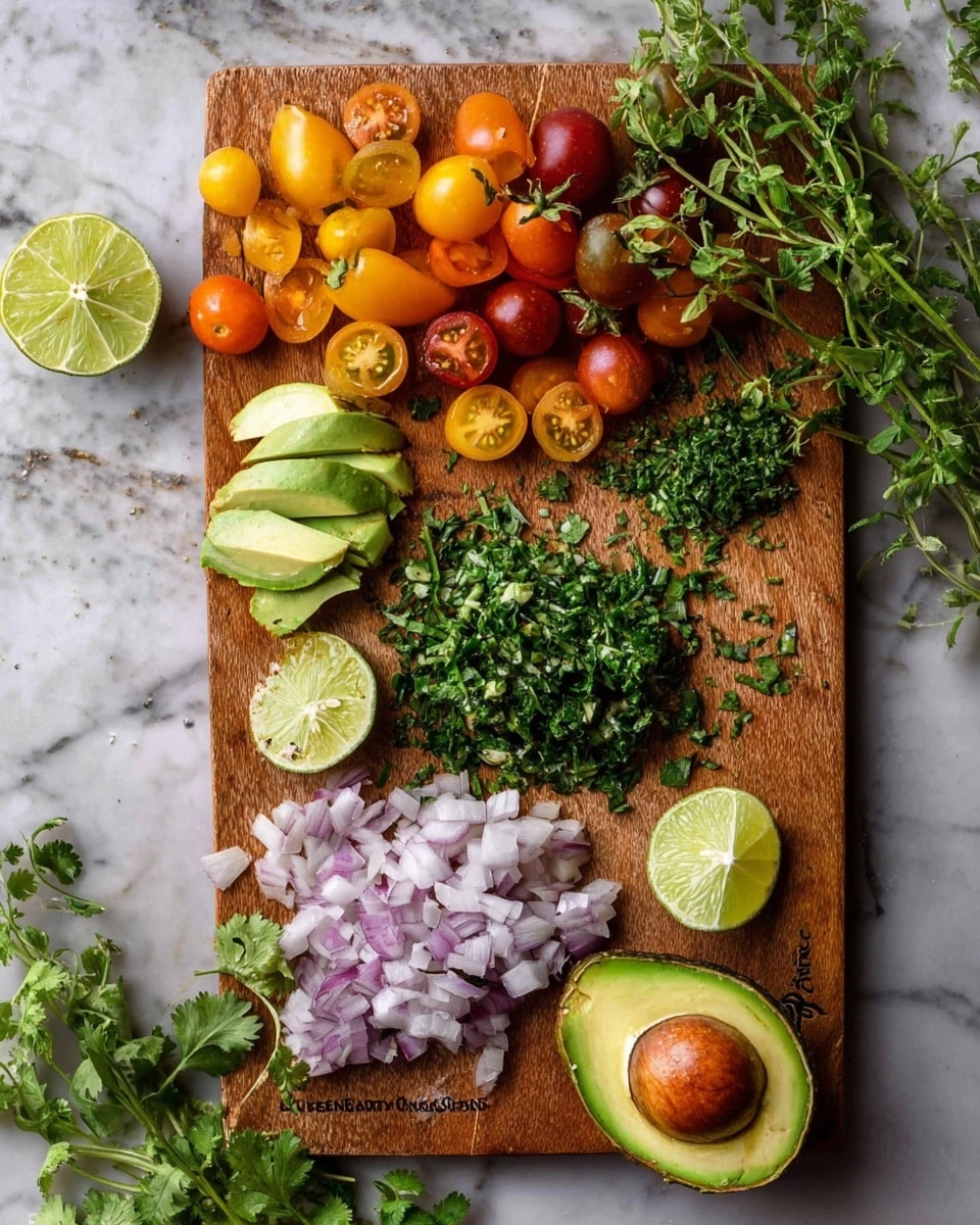 The image shows a wooden cutting board placed on a white marbled surface. On the board, there are several ingredients arranged in groups: at the top, there are colorful cherry tomatoes in red, yellow, and purple-orange shades, some whole and some cut in halves. Below the tomatoes, finely chopped green herbs are scattered in two piles, followed by a small pile of thinly sliced pale purple shallots near the bottom left corner. To the left of the board, light green avocado slices are stacked neatly, and to the right of the board, there is a halved avocado with the brown pit still inside. Two lime wedges with a light green outer skin are placed on the marbled surface near the bottom and right edges of the board. Green leafy herbs with stems extend from the top of the image, adding a fresh backdrop. The overall tone is fresh and natural with earthy browns, greens, and bright pops of red and yellow. Photo taken with an iphone --ar 4:5 --v 7