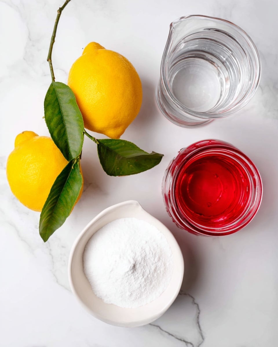 A top view of kitchen ingredients on a white marbled surface includes a clear glass jar of water on the right and a smaller clear glass jar filled with bright red liquid on the left, both showing a shiny texture. Below them is a white bowl filled with fine white powder. To the left of the bowl and jars, there are two bright yellow lemons with green leaves attached, showing natural texture and vibrant color. The composition is simple and clean with a bright and fresh look photo taken with an iphone --ar 4:5 --v 7