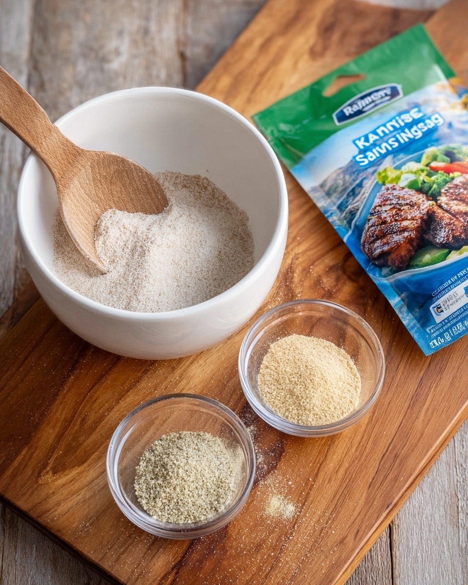 A white bowl is filled with light beige powdery seasoning mix, with a wooden spoon resting inside, partially covered by the mix. Below the bowl on a wooden cutting board are two small clear glass bowls, each holding a different finely ground light yellow seasoning powder. To the right of the bowl is a colorful seasoning packet with a blue and green design, featuring an image of grilled meat and salad. The scene is set on a wooden textured surface. photo taken with an iphone --ar 4:5 --v 7