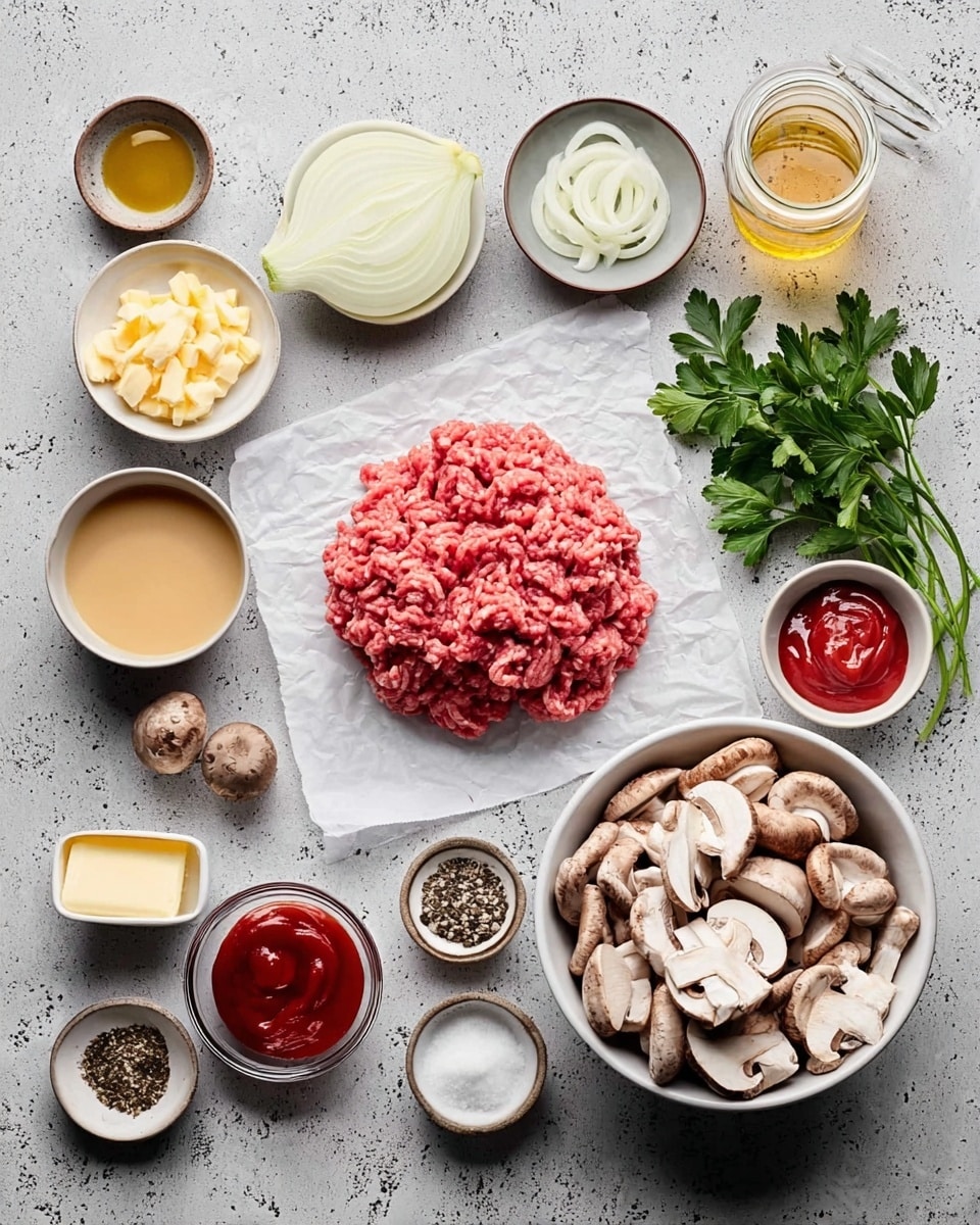 A top-down view of ingredients arranged neatly on a white marbled surface. In the center, there is a large mound of raw minced meat resting on white parchment paper. To the right, a white bowl filled with sliced mushrooms sits next to some fresh green parsley. Surrounding the meat are small bowls containing various ingredients: sliced onions, minced garlic, grated cheese, yellow oil, ketchup, butter, spices, salt, pepper, and broth in a glass jar. Each item is clearly visible and separated, showing a mix of creamy, brown, yellow, red, and green colors with different textures like smooth, creamy, and finely chopped. Photo taken with an iphone --ar 4:5 --v 7