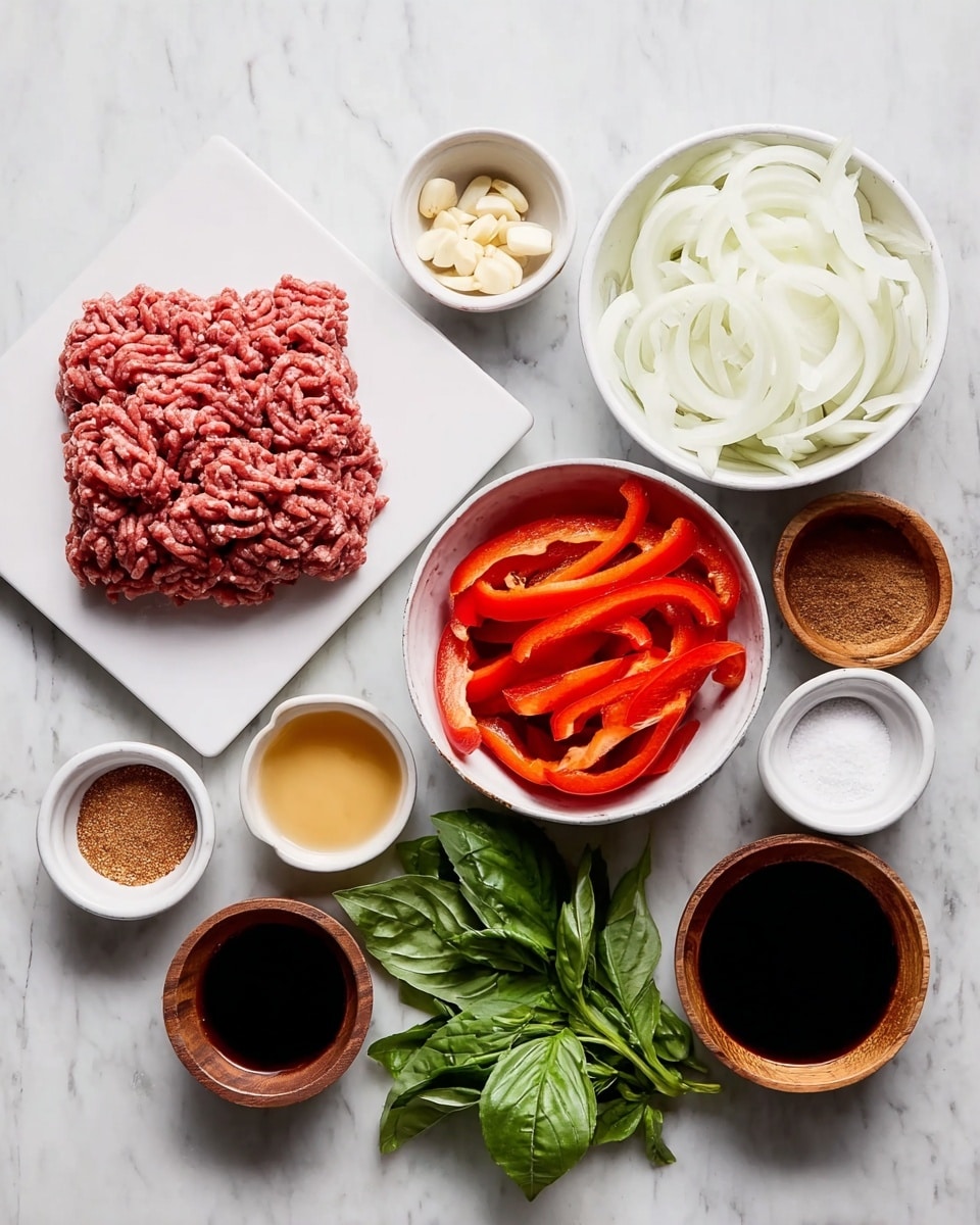 The image shows a white square plate with raw ground meat on the left side, surrounded by several small white bowls and wooden bowls placed on a white marbled surface. There is a white bowl with sliced white onions, a white bowl with sliced red bell peppers, and a bunch of fresh green basil leaves next to it. Around these are small bowls with different sauces and seasonings: one with minced garlic in a wooden bowl, some dark brown liquid in a white bowl, brown sugar in a wooden bowl, salt in a wooden bowl, a light yellowish liquid in a white bowl, and dark soy sauce in a white bowl. All items are neatly arranged with clear colors and textures. Photo taken with an iphone --ar 4:5 --v 7