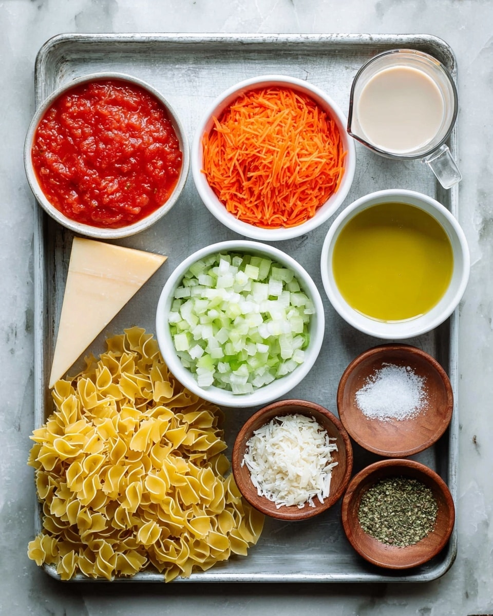 A top view of an unbaked pasta meal’s ingredients on a metal tray with a white marbled texture beneath it. The tray holds a white bowl of bright red crushed tomatoes in the upper left corner, a white bowl of grated orange carrots next to it, and a white bowl filled with finely chopped white onions just right of the carrots. Below the onions is a small white bowl of light green chopped celery, and beside it is a white bowl filled with yellow olive oil. A wedge of pale yellow hard cheese is placed on the bottom left side of the tray. Below the cheese is a row of uncooked yellow wavy pasta strips extending from the bottom center to the right edge. Small wooden bowls on the right side contain minced white garlic, white salt, and a mix of dried green and brown spices. A measuring cup with light beige liquid rests on the top right corner. The background is a white marbled texture. Photo taken with an iphone --ar 4:5 --v 7