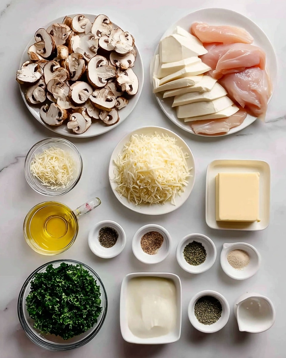 The image shows a top view of various cooking ingredients arranged neatly on a white marbled surface. There are three white plates: one with sliced mushrooms showing brown and white textures, one with three raw pink chicken pieces, and one with neatly stacked white cheese slices. A white bowl holds finely grated pale yellow cheese, while a glass bowl contains fresh, dark green chopped parsley. There is a small square white dish with a block of pale yellow butter. Five small white bowls hold different spices, with colors ranging from light beige to dark black. A small white dish contains yellow olive oil, and a glass measuring cup contains light cream. Two small white bowls have dried green and dark green herbs. The overall setup is clean and organized, photo taken with an iphone --ar 4:5 --v 7