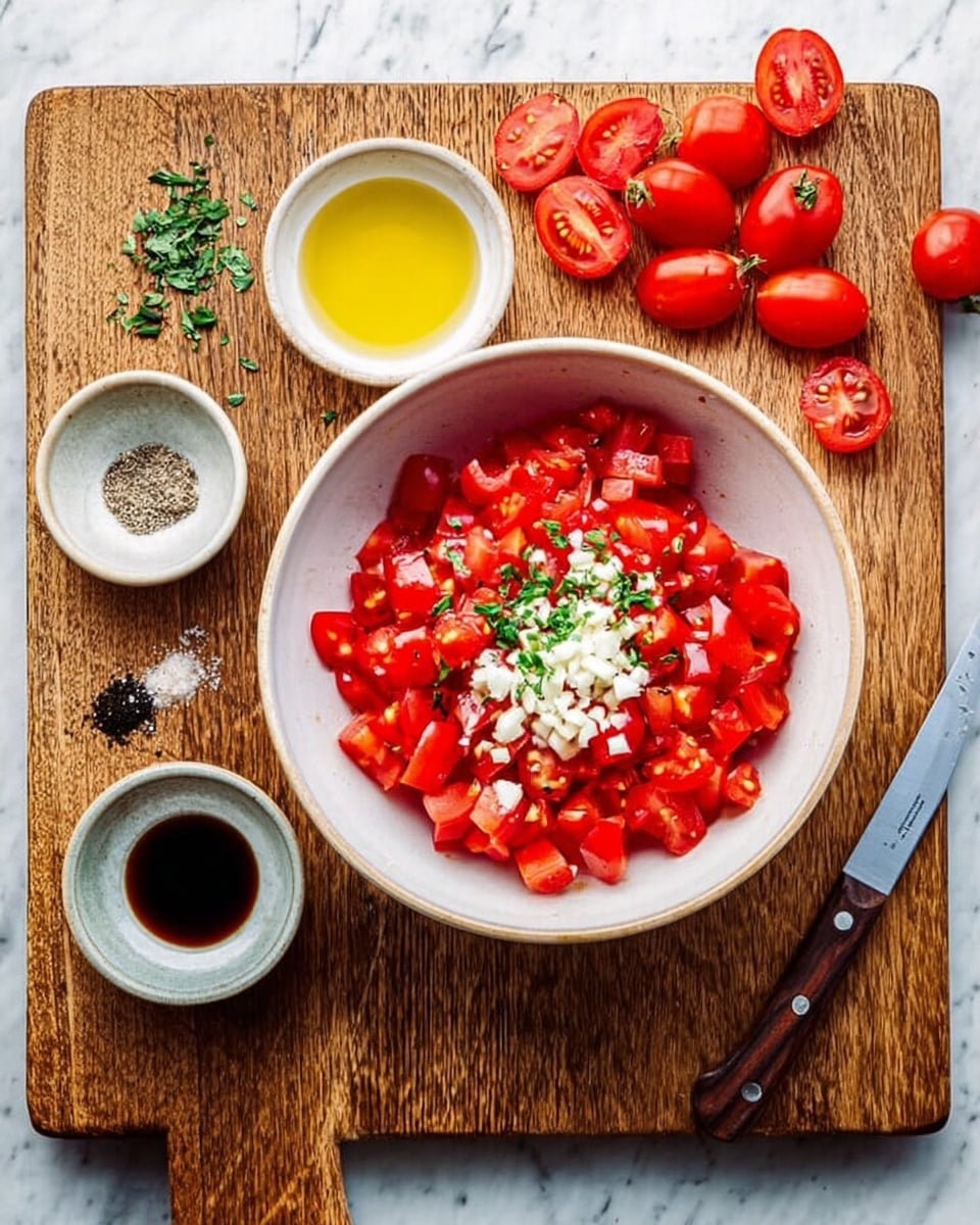 A white bowl filled with chopped bright red tomatoes sits in the center on a wooden cutting board. On top of the tomatoes, there is a small pile of finely chopped white garlic and some green herbs. Around the bowl, there are small white bowls containing golden olive oil, dark balsamic vinegar, and black pepper. To the right of the bowl, a knife with a wooden handle lies flat, and several whole and sliced red cherry tomatoes are scattered nearby. The board rests on a white marbled surface. Photo taken with an iphone --ar 4:5 --v 7