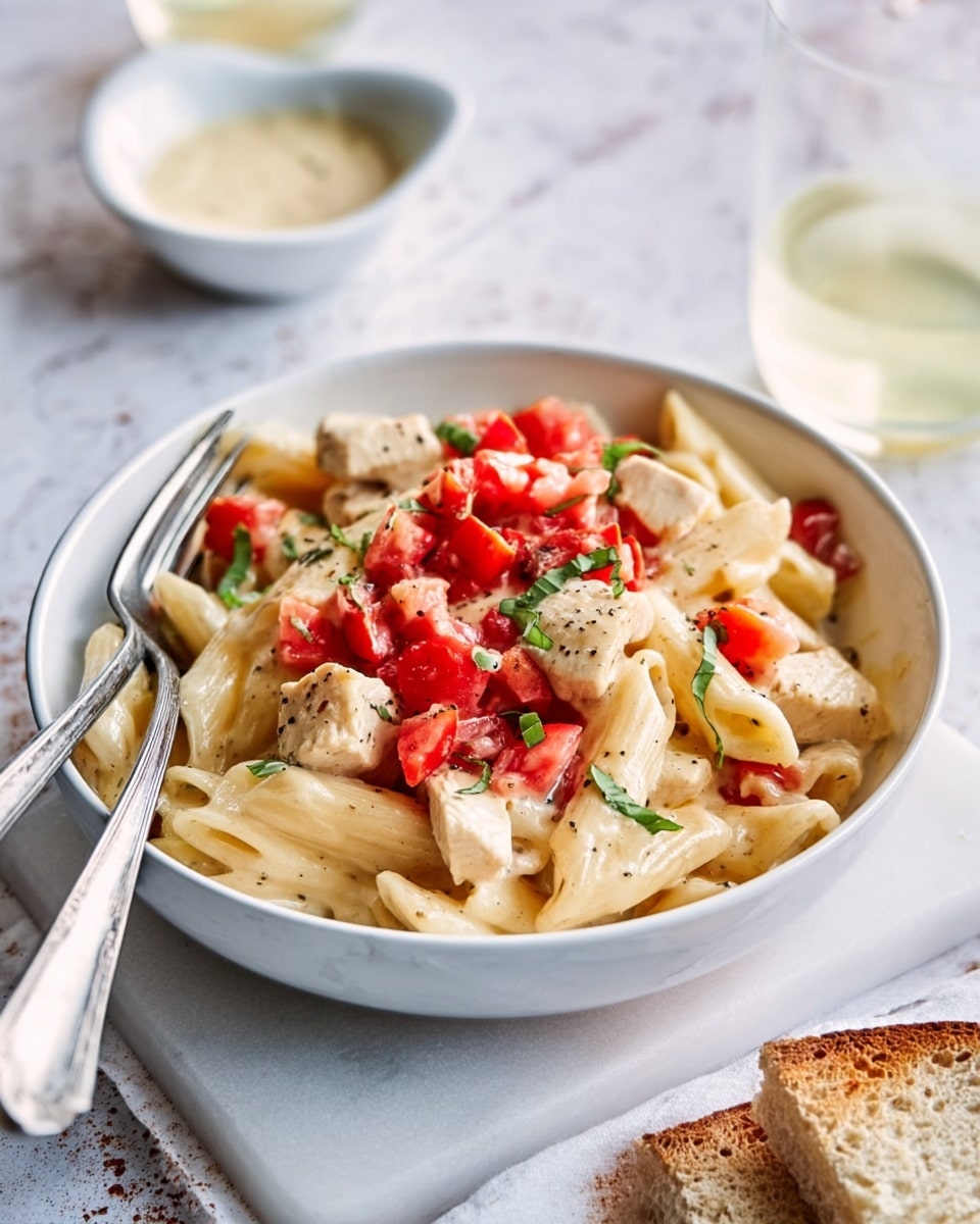 The dish shows a white bowl filled with creamy penne pasta mixed with light beige chicken cubes and topped with bright red chopped tomatoes and small green basil pieces. Two silver utensils rest inside the bowl on the left side. The bowl is placed on a white marbled surface. In the background, there is a small white bowl with a pale creamy sauce and a glass with a light yellow drink to the right. There is a torn piece of brown bread on the lower right corner. photo taken with an iphone --ar 4:5 --v 7