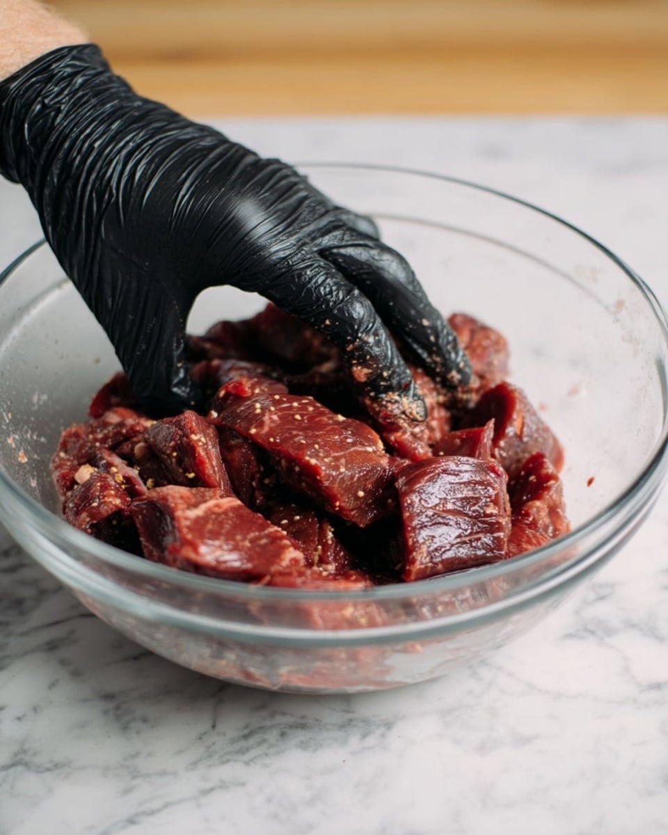 A clear glass bowl on a white marbled surface holds several chunks of raw red meat with a slightly wet texture. A person's bare arm enters the frame from the top, while a woman's hand covered in a black glove presses down into the meat pieces, mixing them together. The meat pieces vary in size and have a dark red color with small bits of light seasoning visible on their surface. Photo taken with an iphone --ar 4:5 --v 7