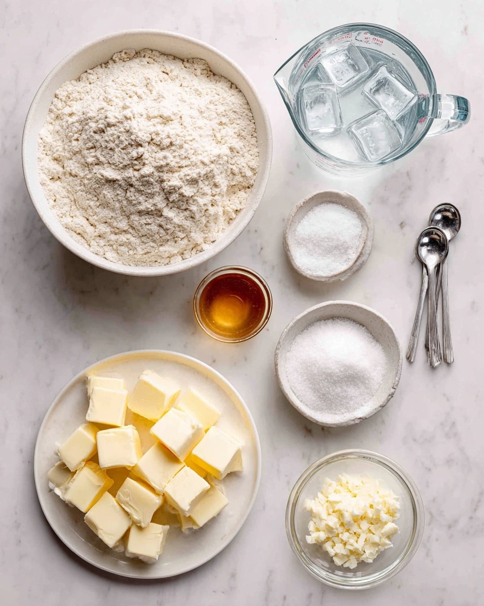 A top view of seven ingredients for baking arranged on a white marbled surface: a large white bowl filled with pale gluten-free all-purpose flour with a rough texture is at the center; to its right is a clear glass measuring cup filled with ice water and ice cubes showing transparency; below the cup is a small round white bowl with white salt crystals; next to the salt bowl is a small clear glass bowl with a light golden apple cider vinegar liquid; at the bottom left, a round white plate holds many neat pale yellow butter cubes with soft edges; above the butter plate is a small white bowl with granulated white sugar; and to the top left corner, there is another small white bowl containing white xanthan gum powder with some clumps. A set of silver measuring spoons lies near the salt bowl; photo taken with an iphone --ar 4:5 --v 7