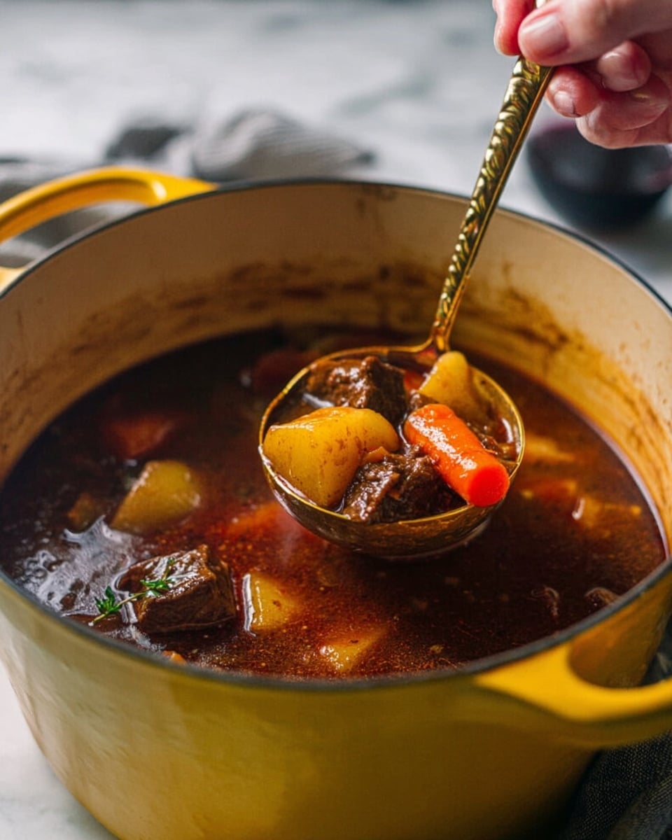 A close-up view of a yellow pot filled with thick brown stew, showing chunks of orange carrots, light brown potatoes, and dark brown meat in rich broth. A woman's hand holds a gold ladle filled with a few of these stew pieces above the pot. The background is softly blurred, focusing on the pot and ladle. The surface beneath the pot is a white marbled texture. photo taken with an iphone --ar 4:5 --v 7