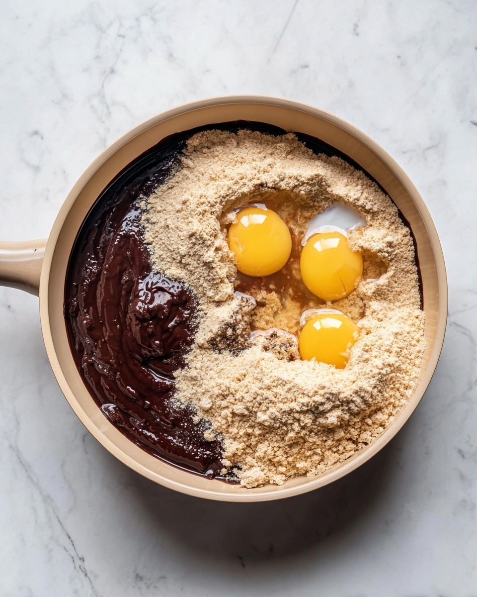 A round beige pan sits on a white marbled surface, filled with a dark, thick chocolate mixture as the base layer. On top of this, there is a large, uneven mound of light tan powder piled mostly to one side. Three raw eggs with bright yellow yolks and clear whites are cracked directly onto the chocolate layer, positioned together on the opposite side of the powder, with some egg whites blending slightly into the chocolate. The scene looks ready for mixing and baking, photo taken with an iphone --ar 4:5 --v 7
