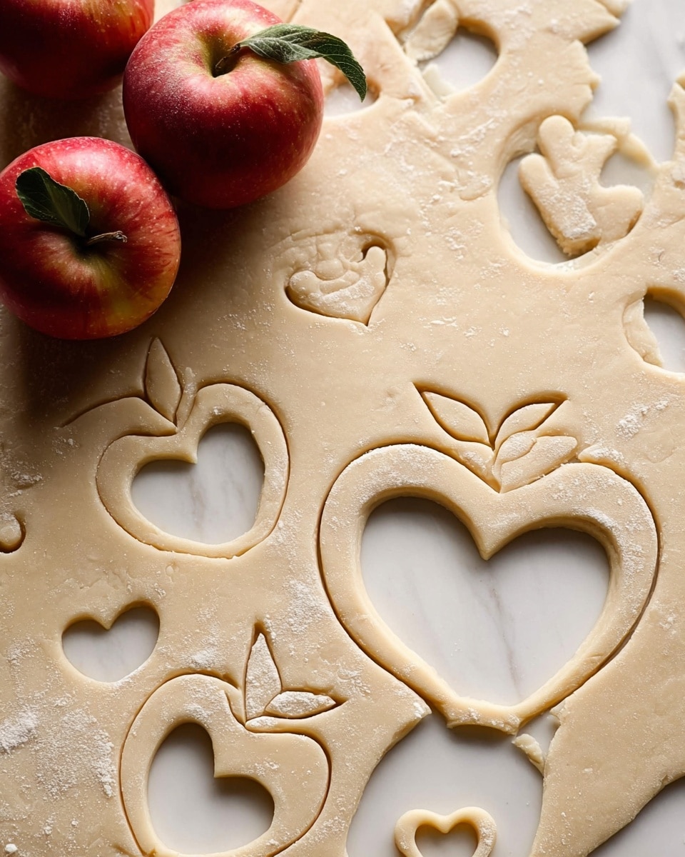 The image shows a close-up of light beige dough rolled out flat on a white marbled surface, with multiple shapes cut out. The shapes include large pomegranate-like outlines with heart-shaped cutouts in the center, and smaller heart-shaped dough pieces scattered around. The dough has a smooth texture with some light dusting of flour on the surface. In the upper left corner, there are two red apples with green leaves, adding a natural element to the scene. Photo taken with an iphone --ar 4:5 --v 7